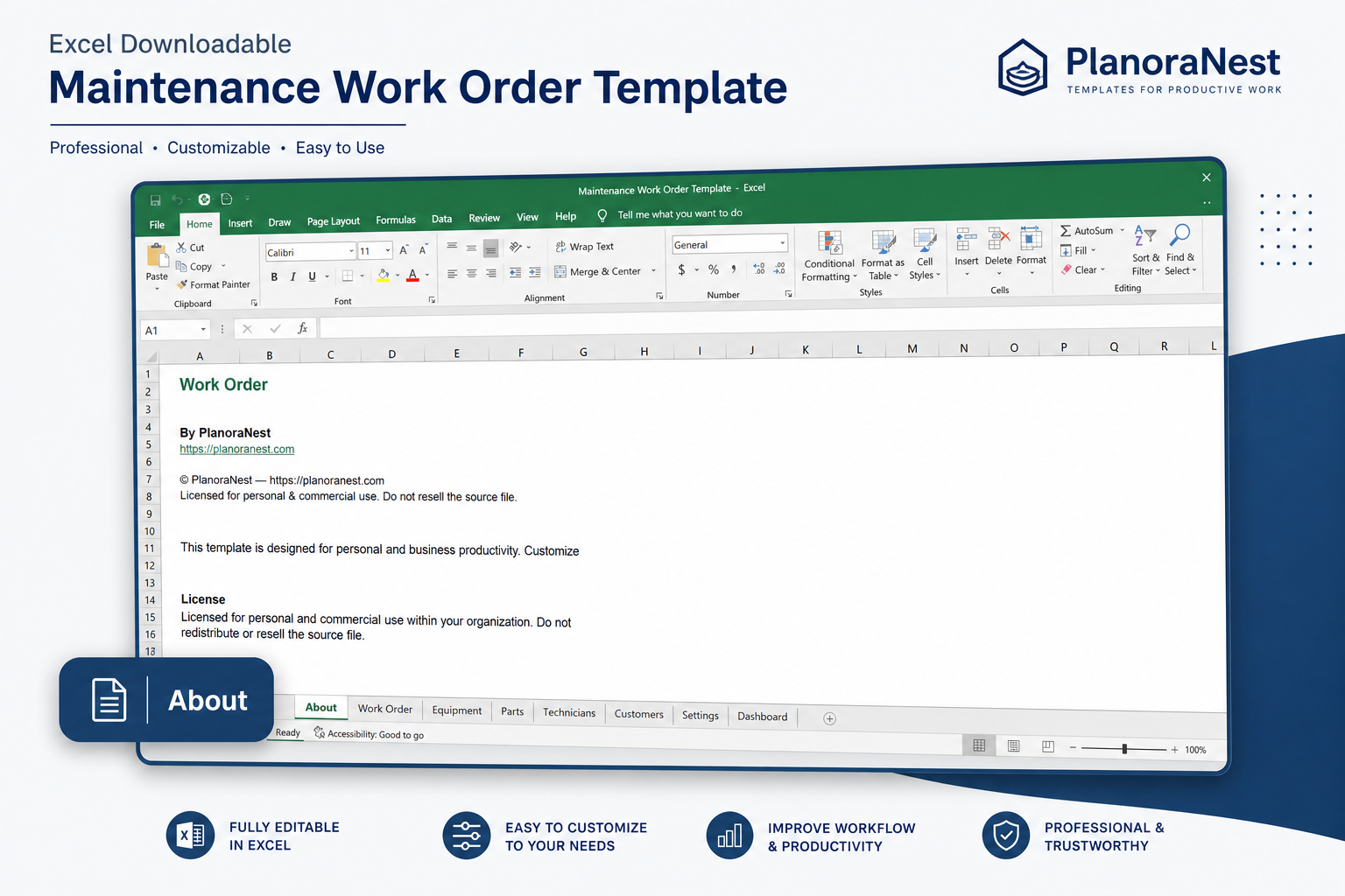excel downloadable maintenance work order template — About sheet