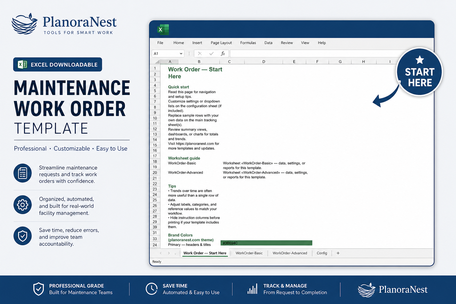 excel downloadable maintenance work order template — Start Here sheet