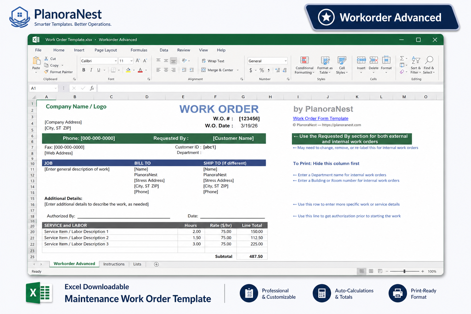 excel downloadable maintenance work order template — WorkOrder-Advanced sheet