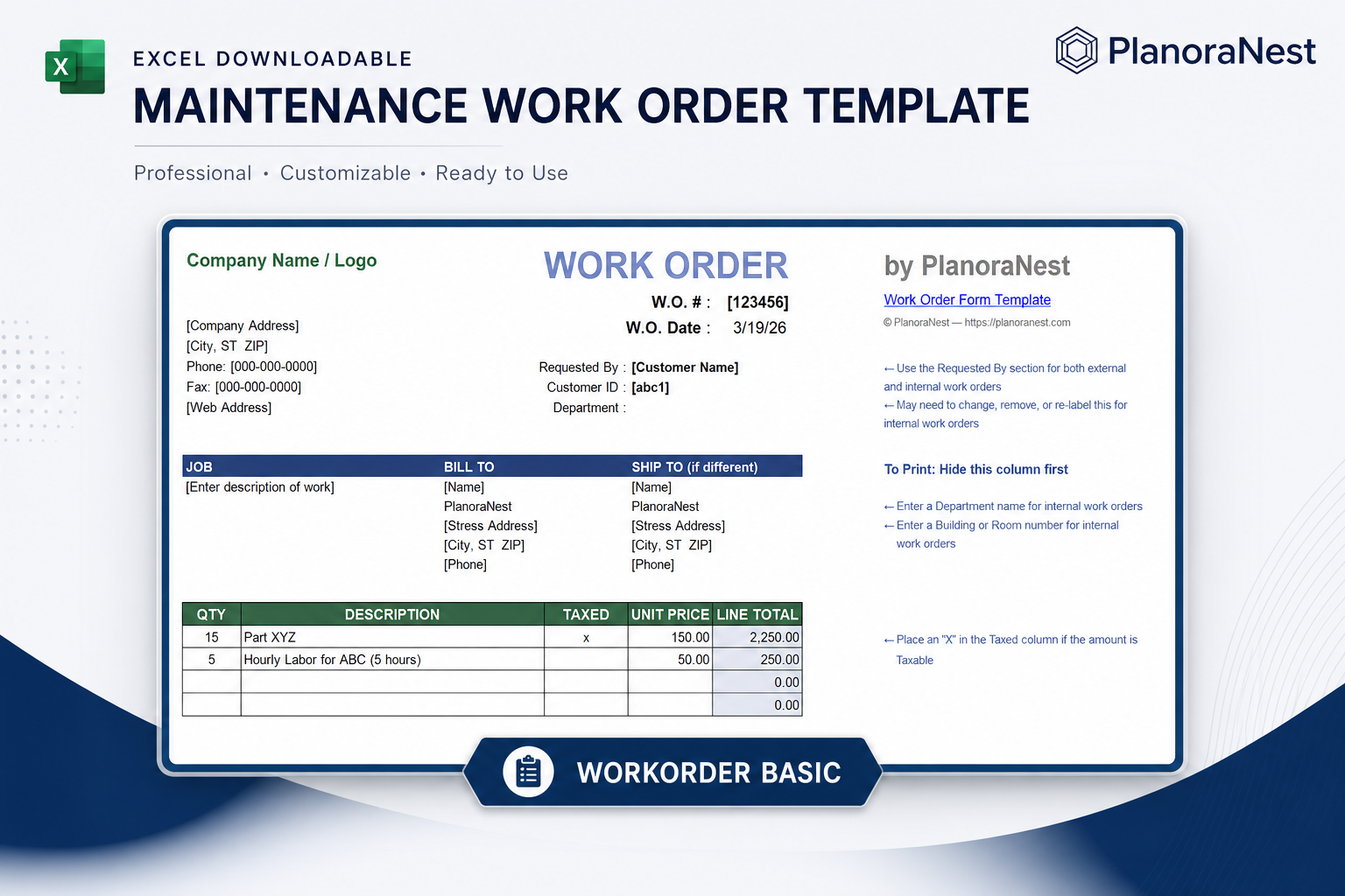 excel downloadable maintenance work order template — WorkOrder-Basic sheet