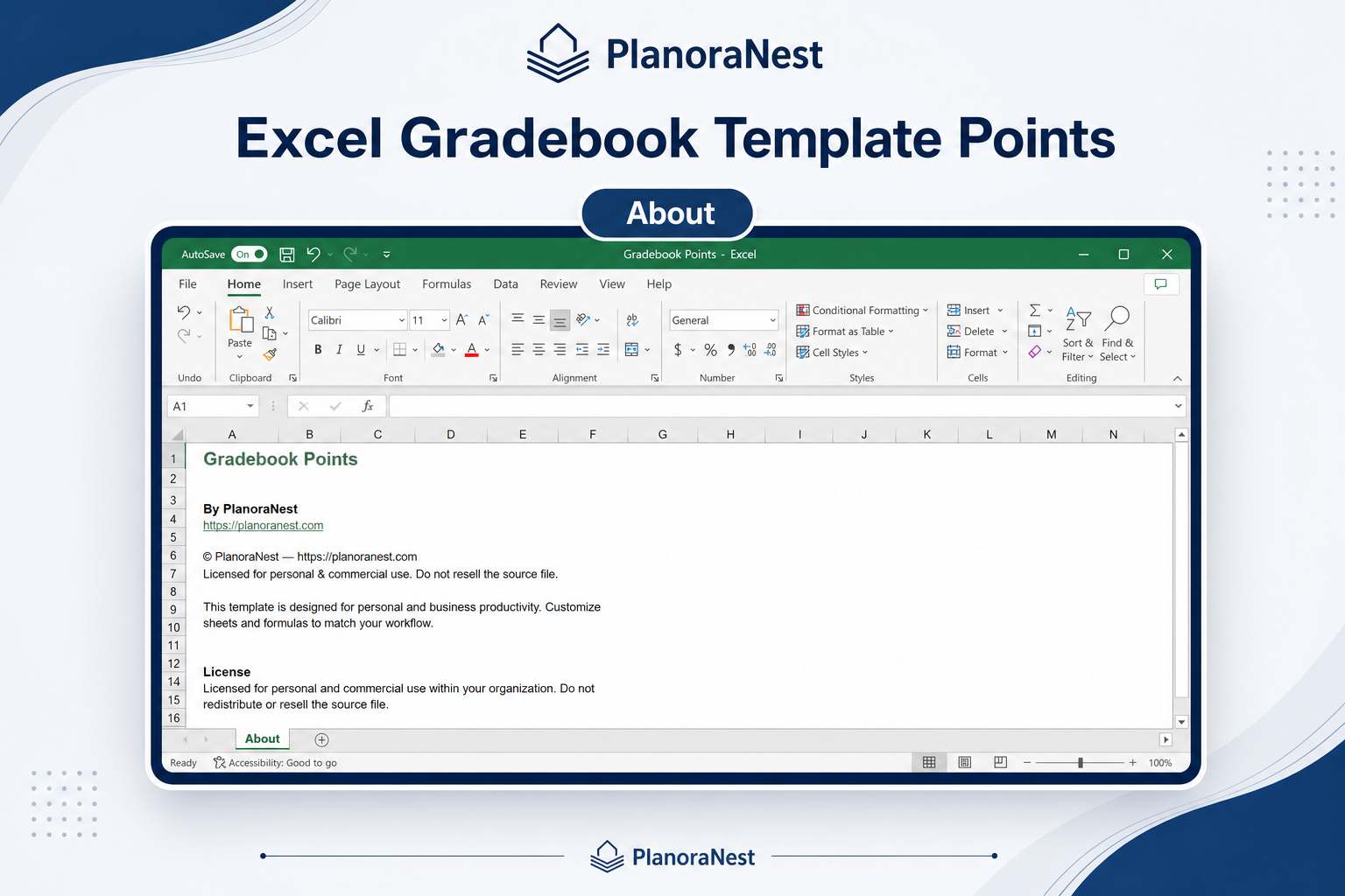 excel gradebook template points screenshot — PlanoraNest Excel template