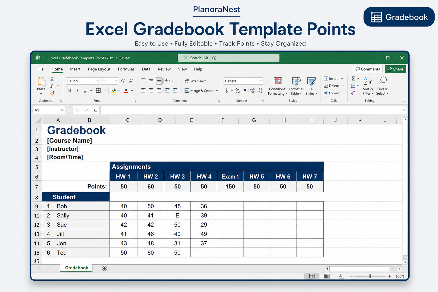 excel gradebook template points screenshot — PlanoraNest Excel template