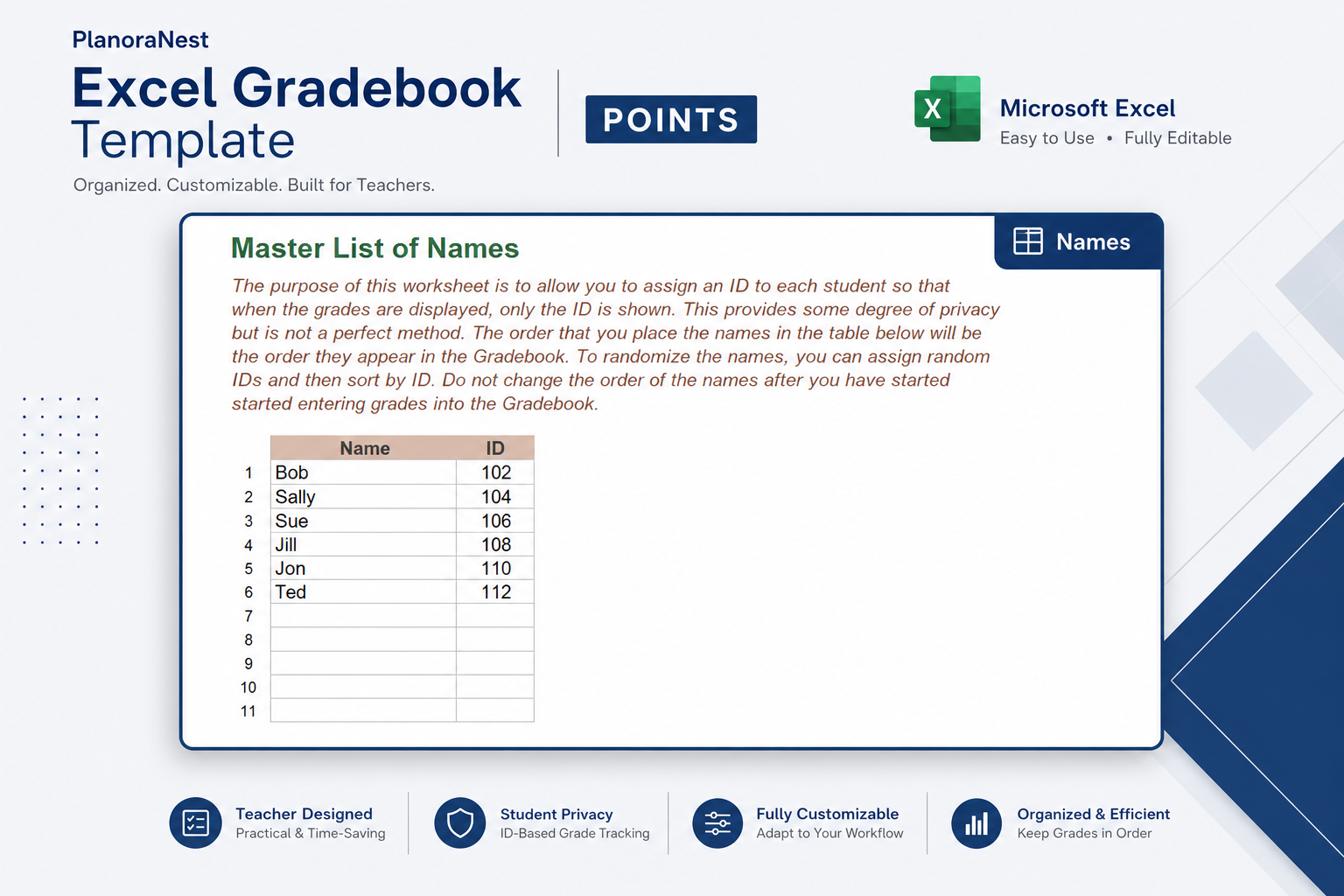 excel gradebook template points screenshot — PlanoraNest Excel template