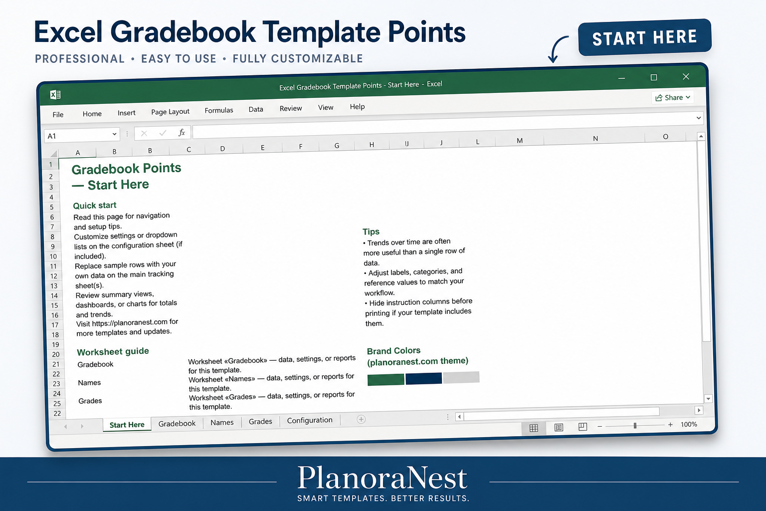 excel gradebook template points start here screenshot — PlanoraNest Excel template