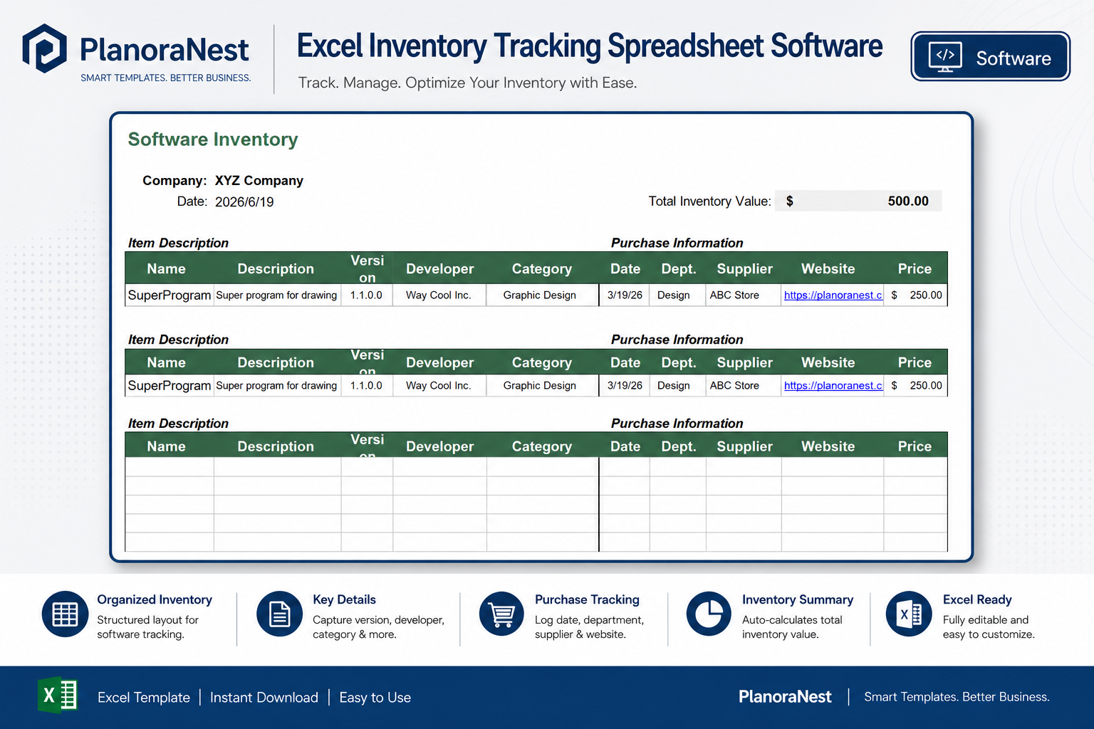 cable management tracker inventory software excel screenshot — PlanoraNest Excel template