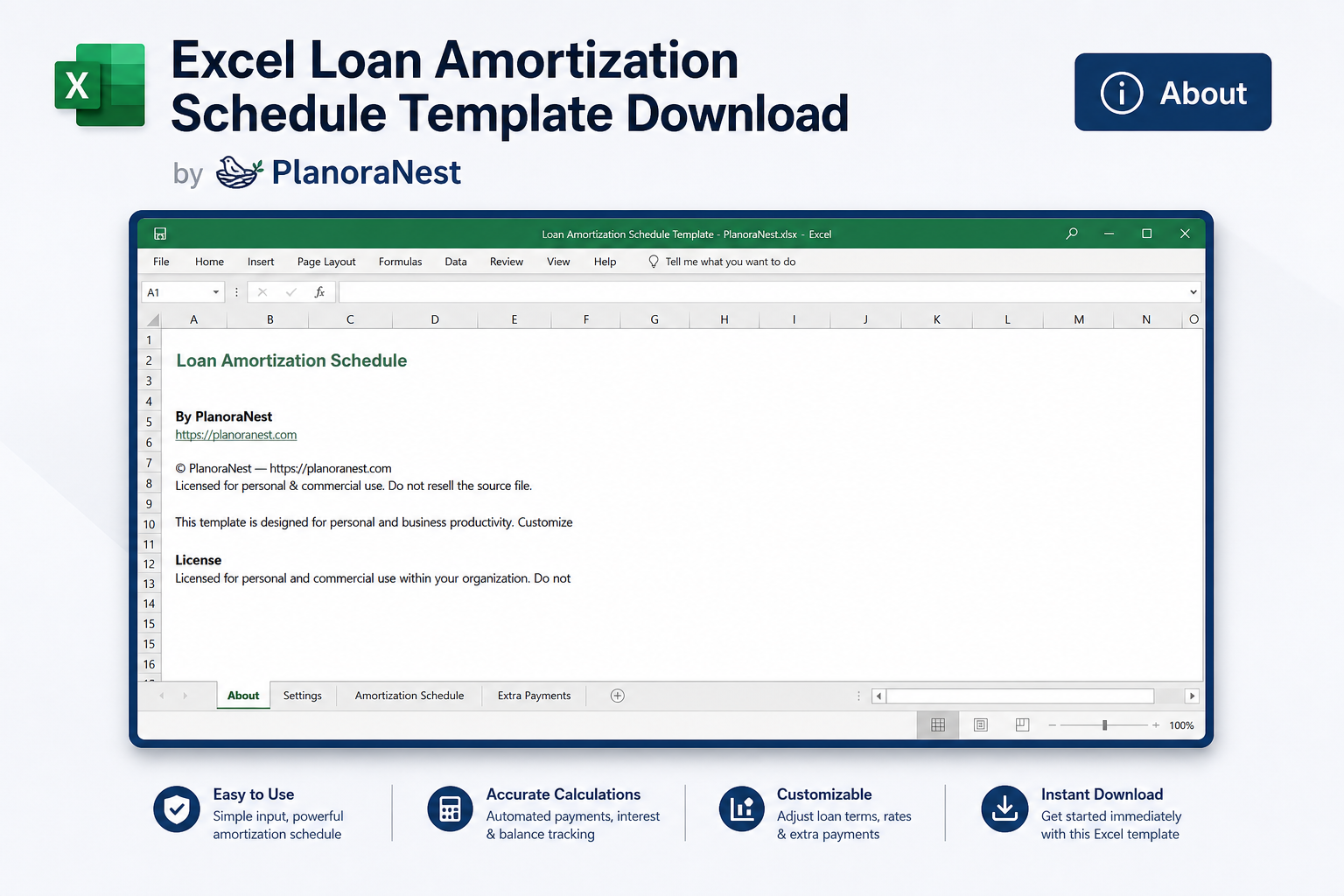 amortization schedule loan excel template screenshot — PlanoraNest Excel template