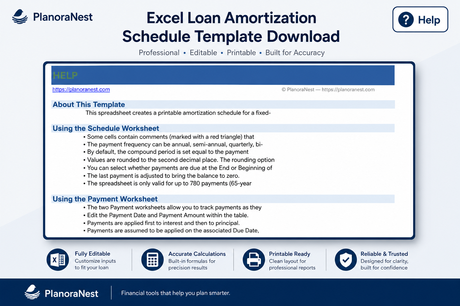 excel template for loan amortization schedule screenshot — PlanoraNest Excel template