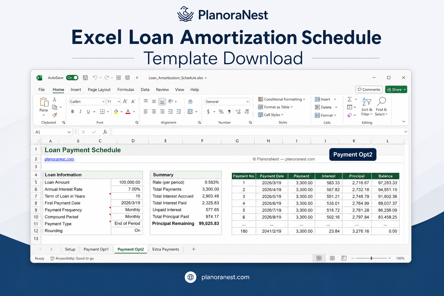 microsoft excel loan amortization schedule template screenshot — PlanoraNest Excel template