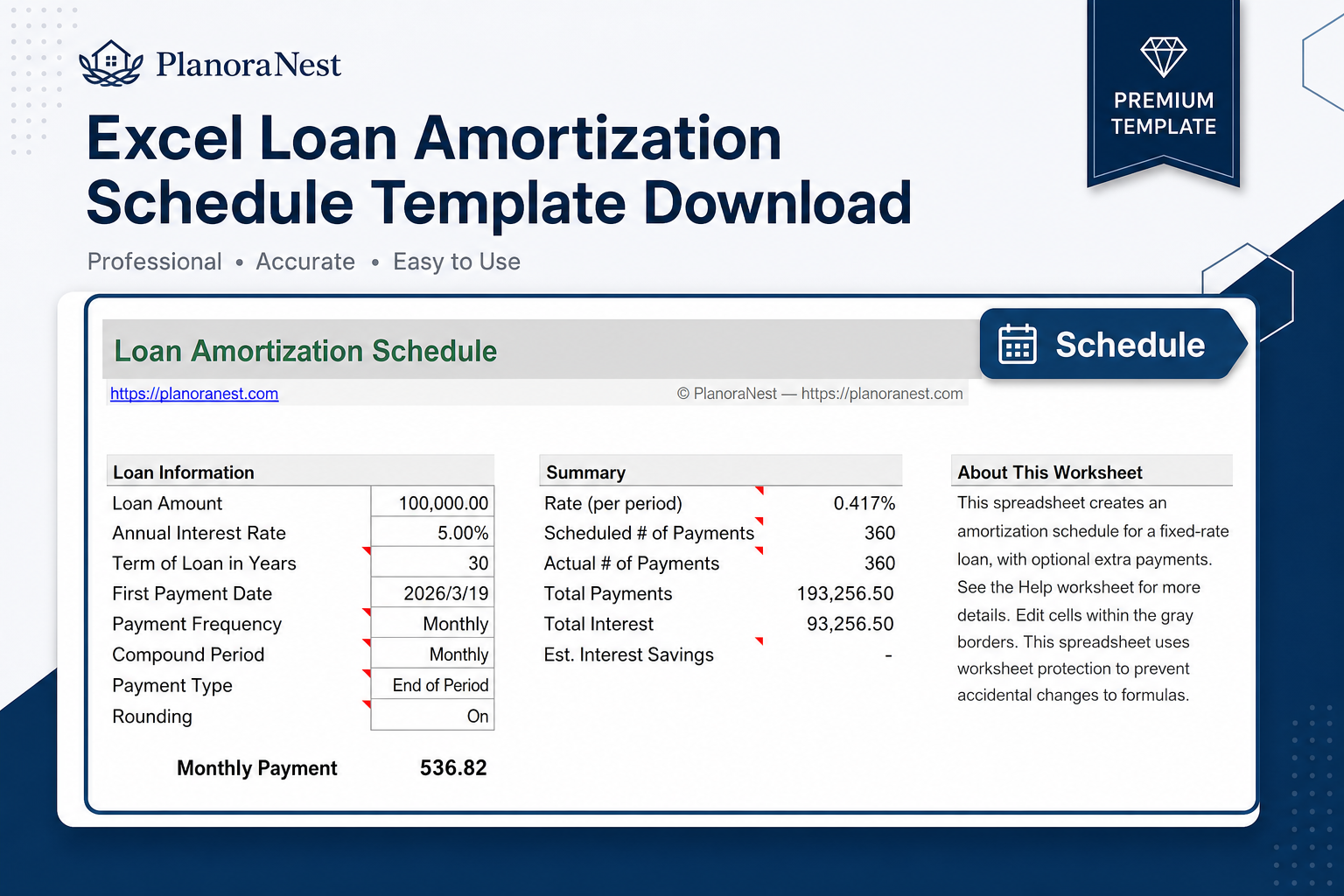 365 360 loan amortization schedule excel template screenshot — PlanoraNest Excel template