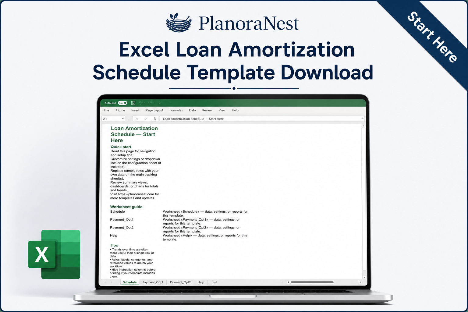 auto loan amortization schedule excel template start here screenshot — PlanoraNest Excel template