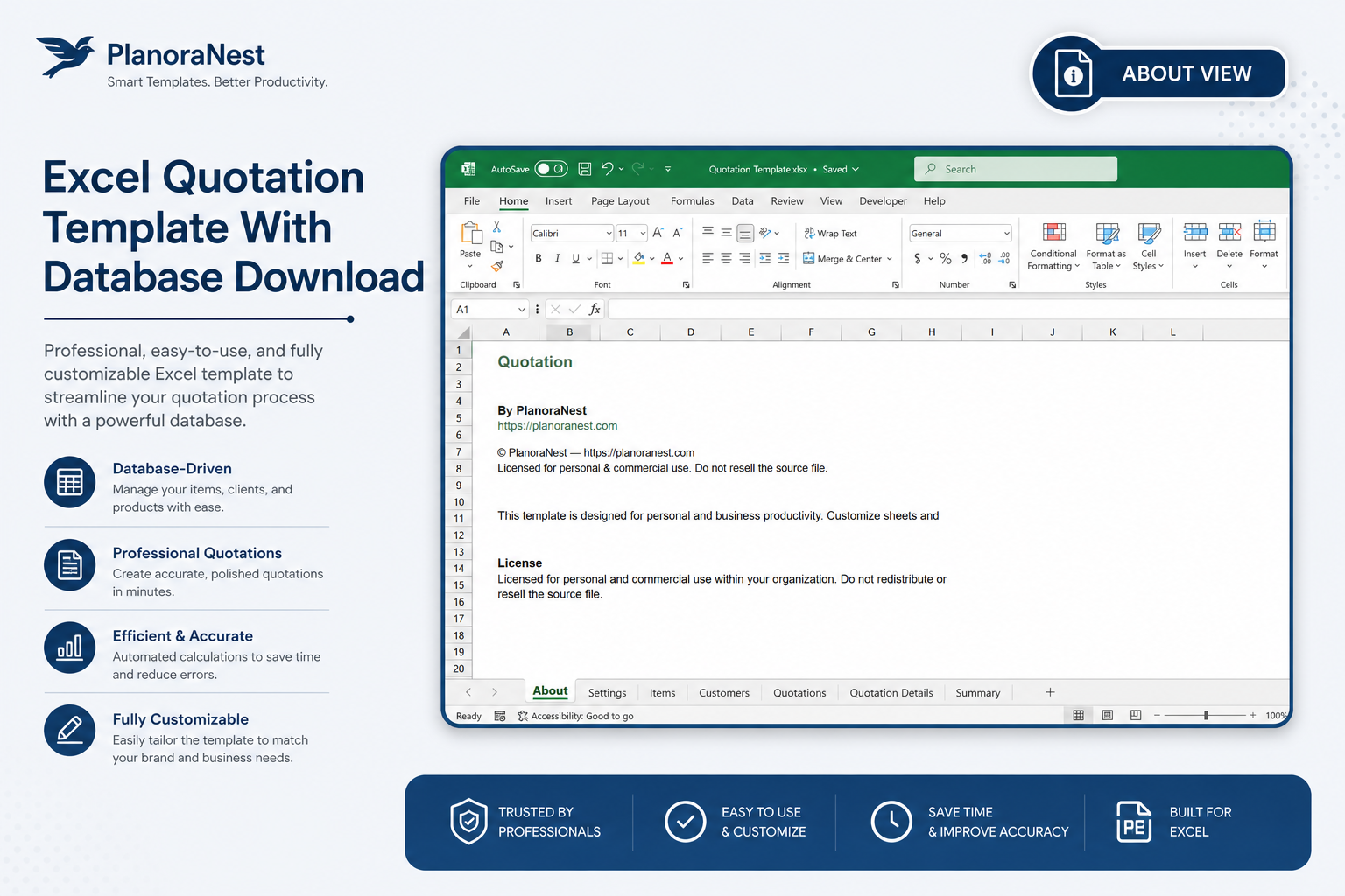 excel quotation template with database download — About sheet