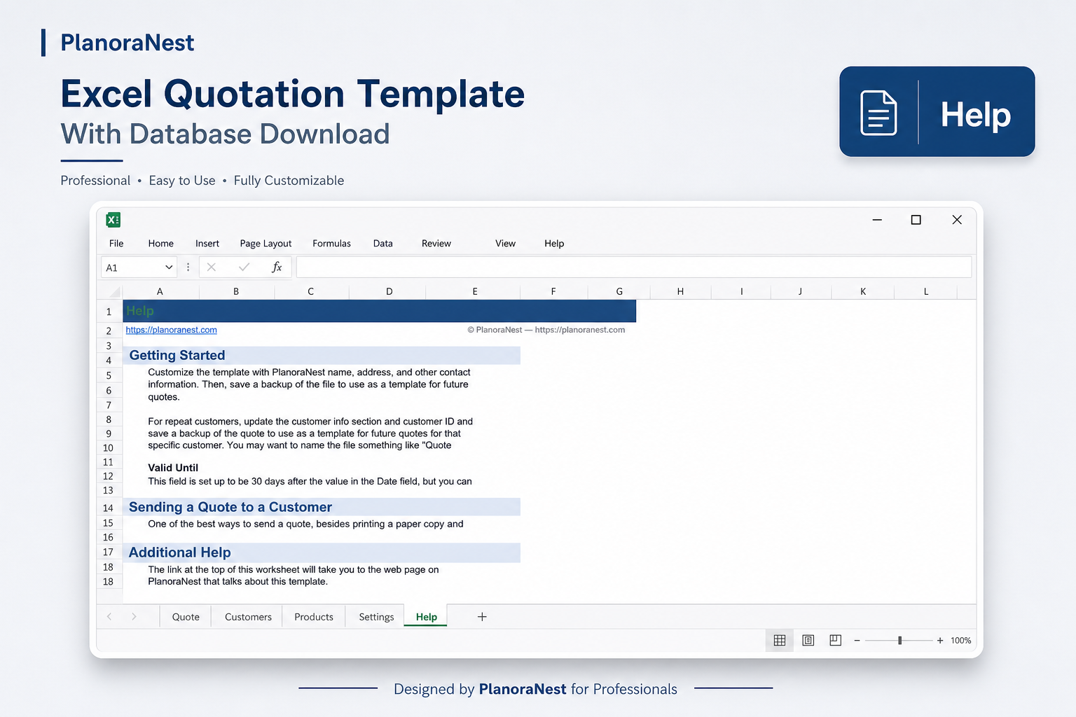 excel quotation template with database download — Help sheet