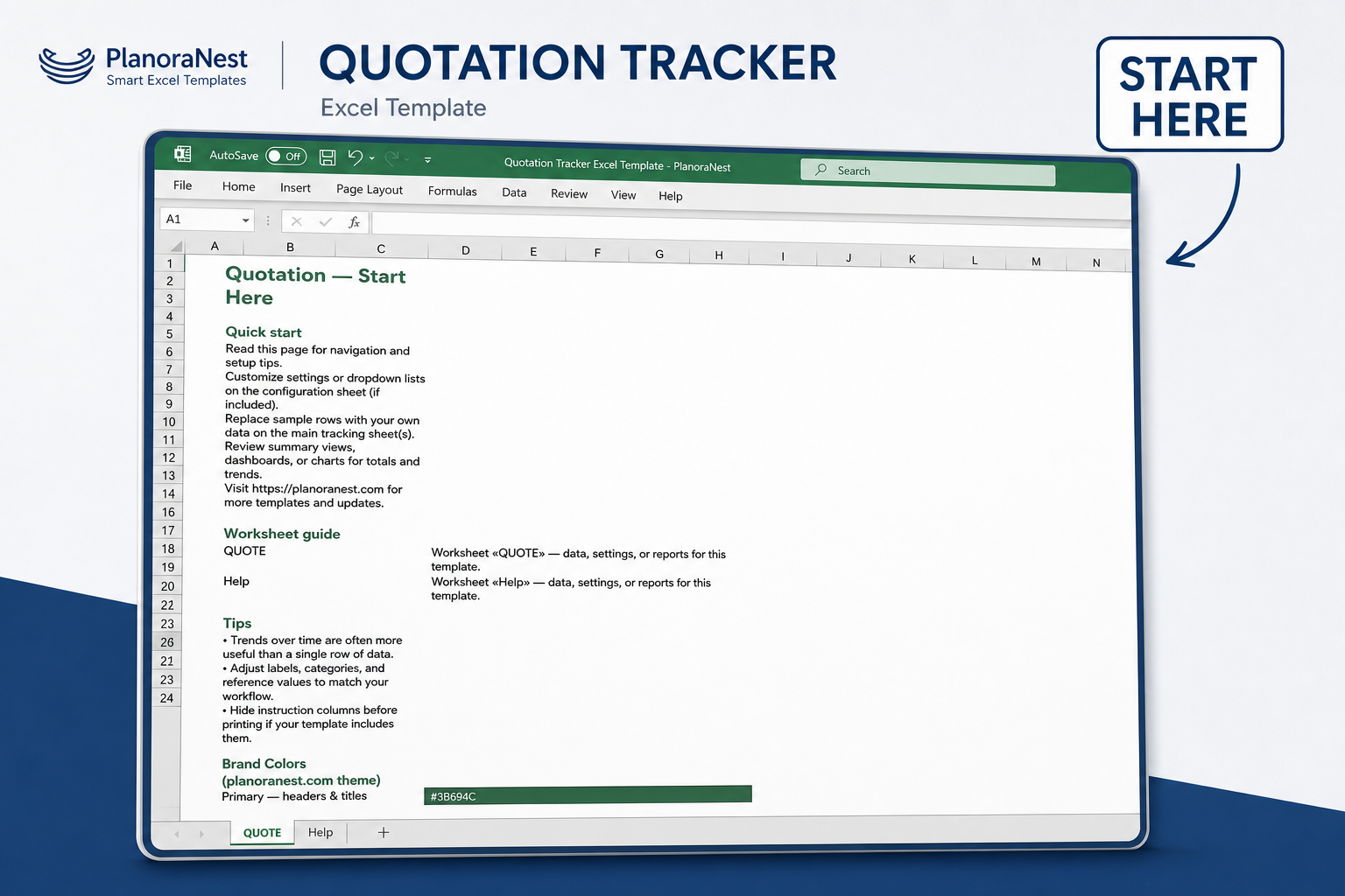 excel quotation template with database download — Start Here sheet