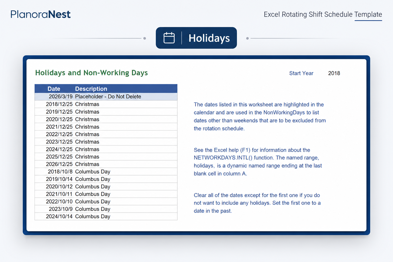excel rotating shift schedule template — Holidays sheet