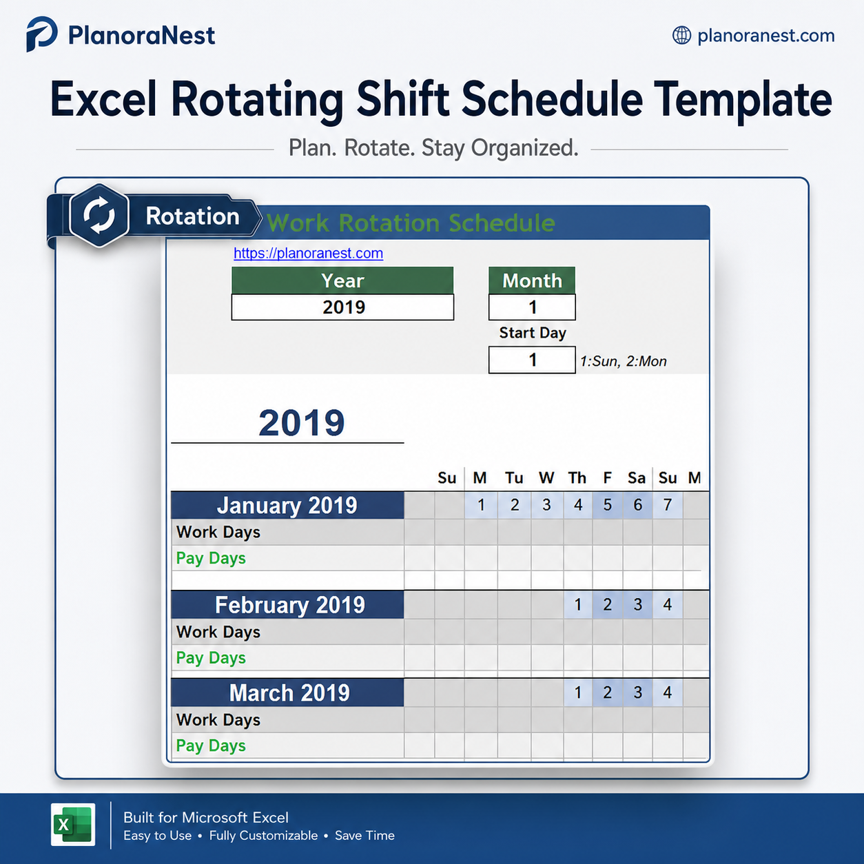 12 hour rotating shift schedule template excel screenshot — PlanoraNest Excel template