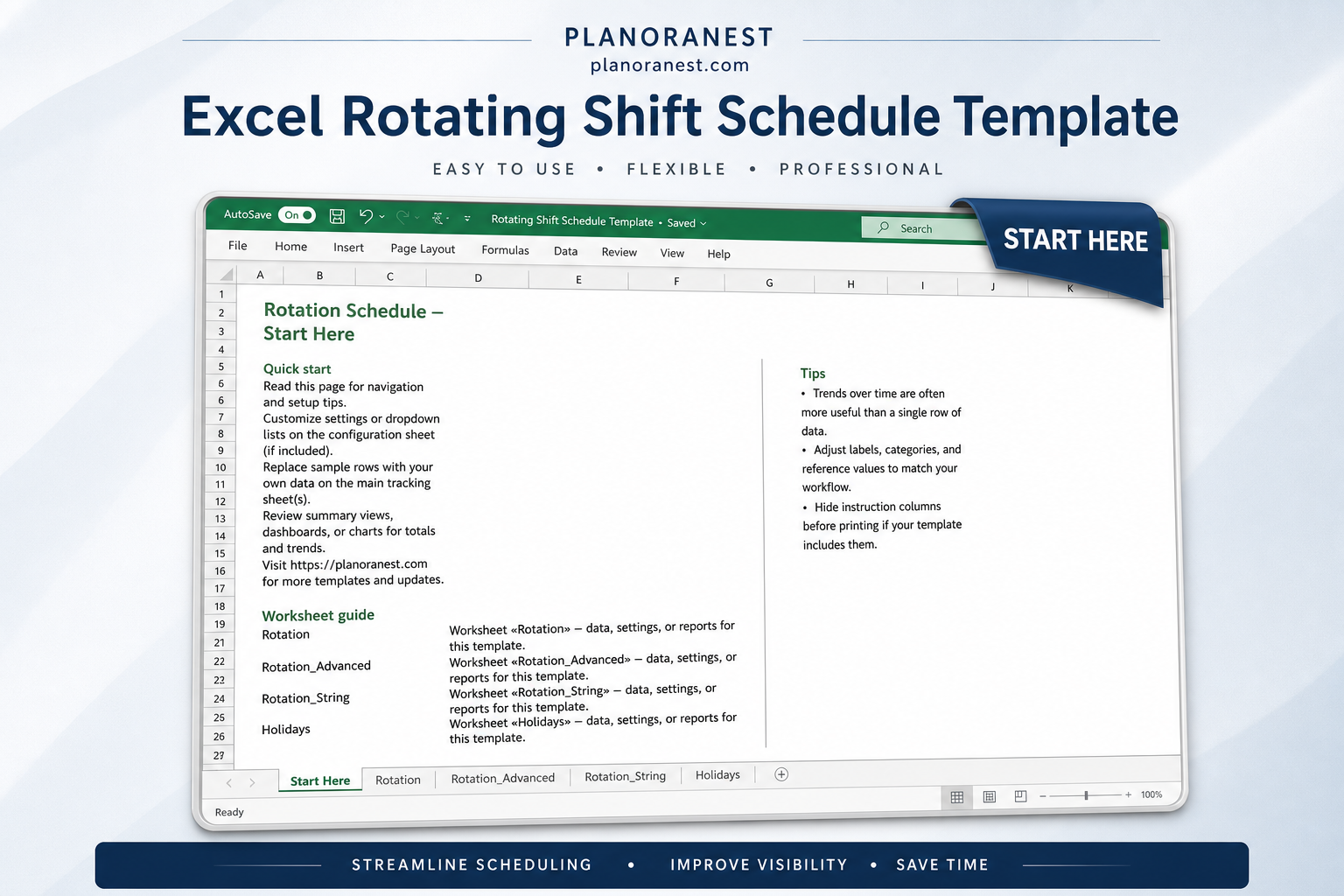 excel rotating shift schedule template — Start Here sheet