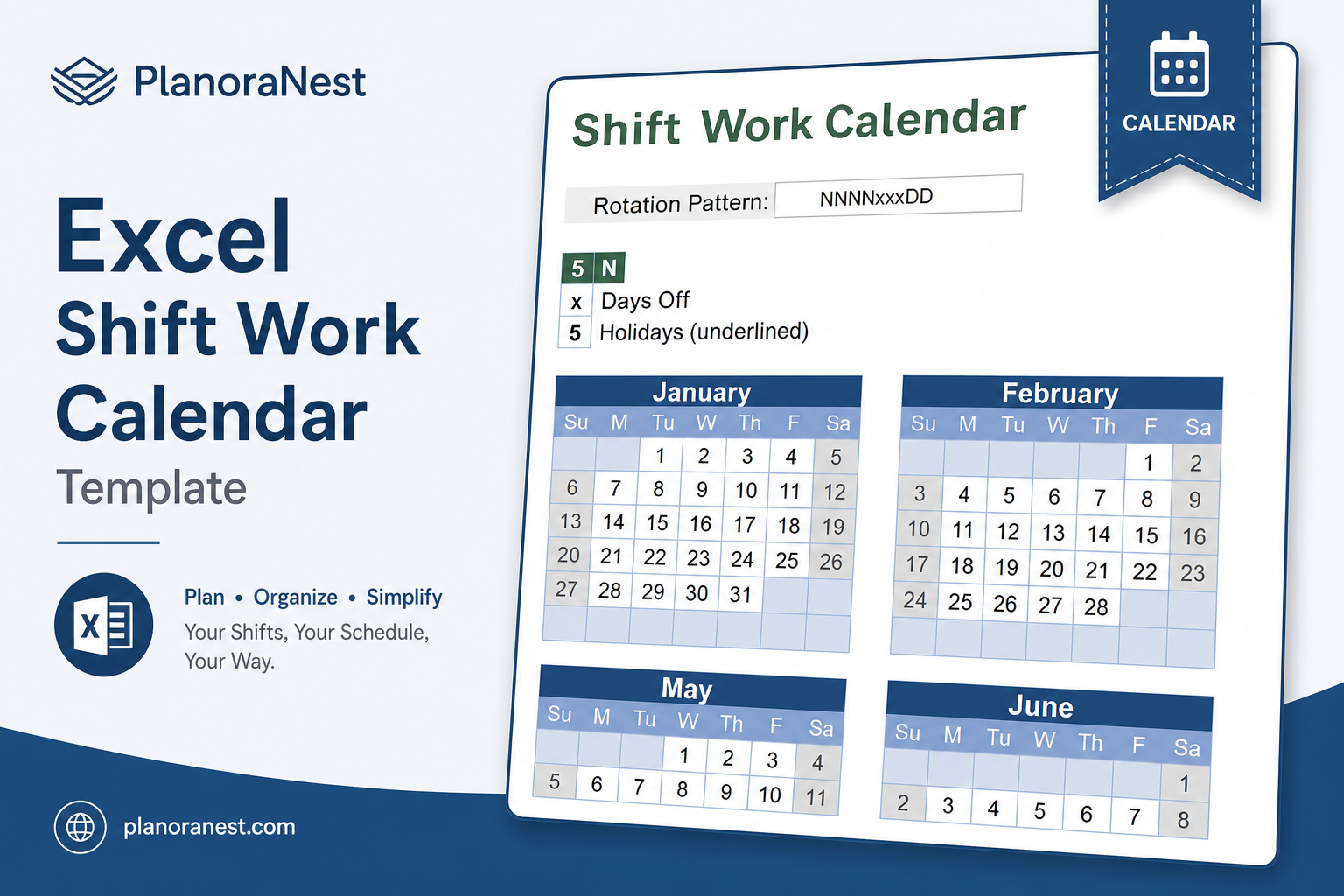 shift work calendar template excel screenshot — PlanoraNest Excel template