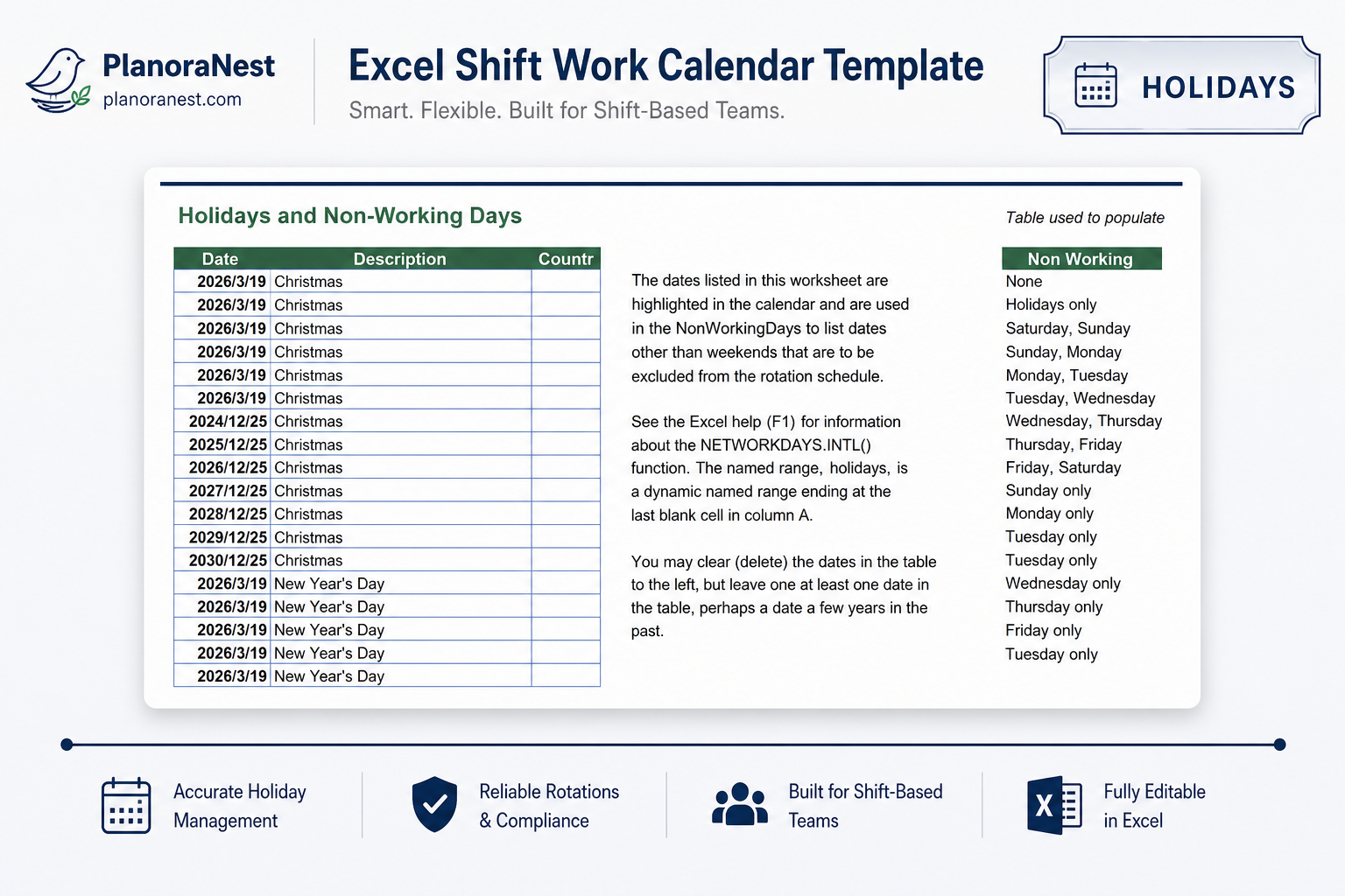 excel shift work calendar template — Holidays sheet