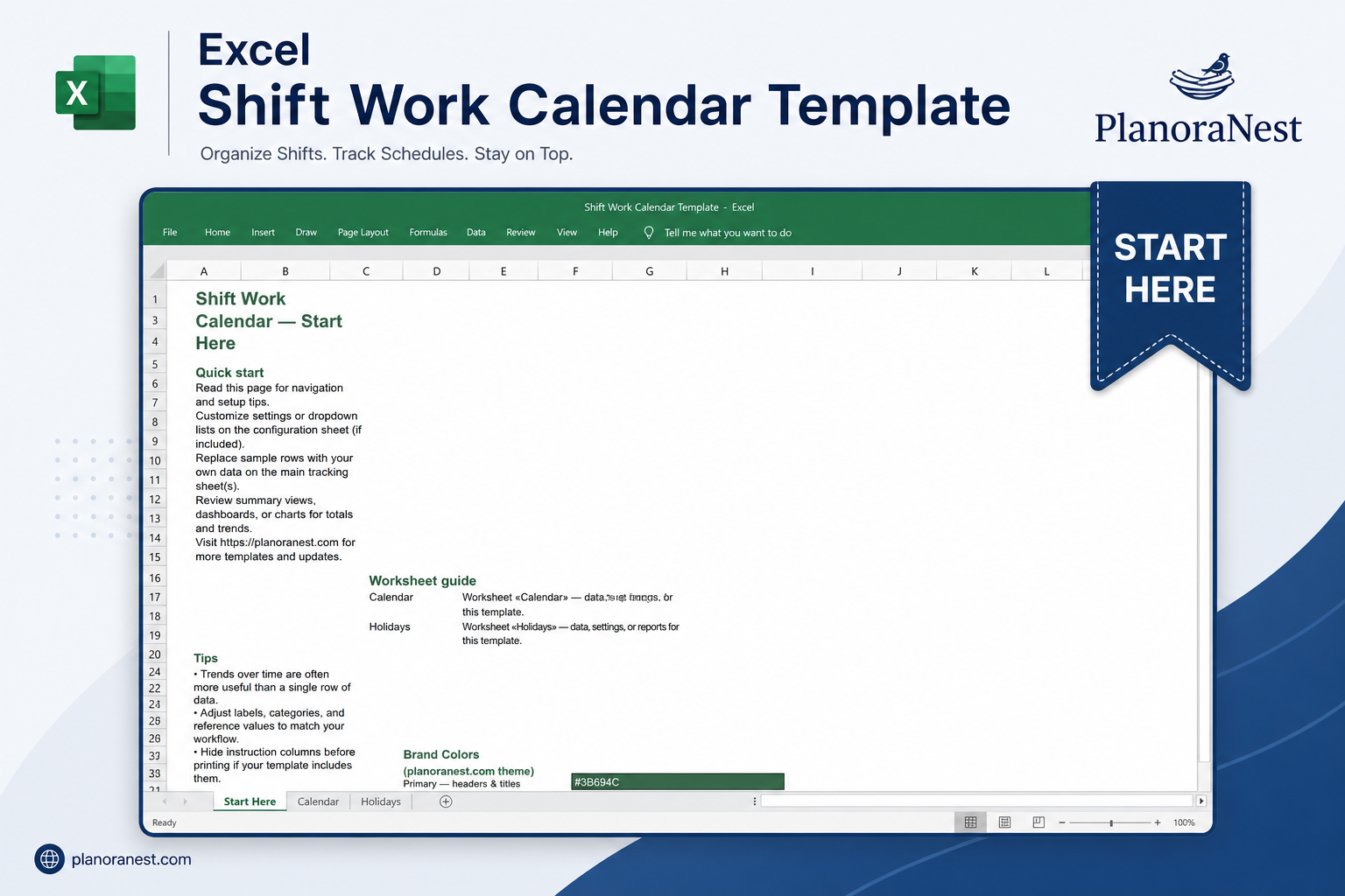 excel shift work calendar template — Start Here sheet