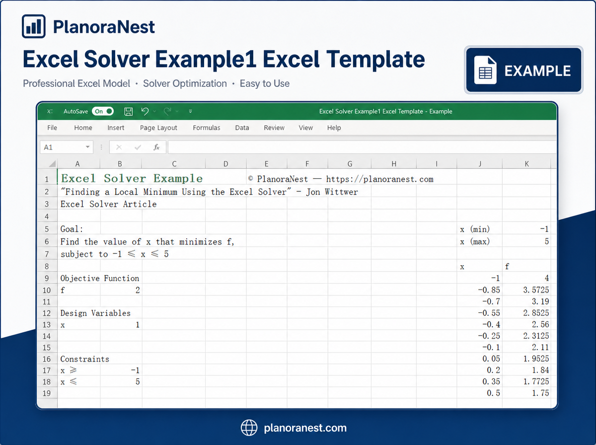 excel solver example1 excel screenshot — PlanoraNest Excel template