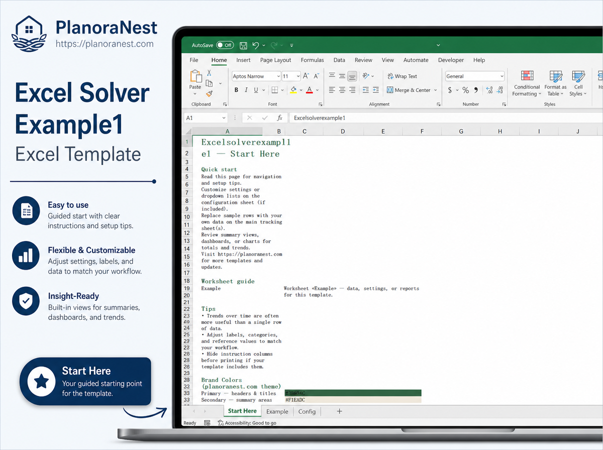 excel solver example1 excel template — Start Here sheet