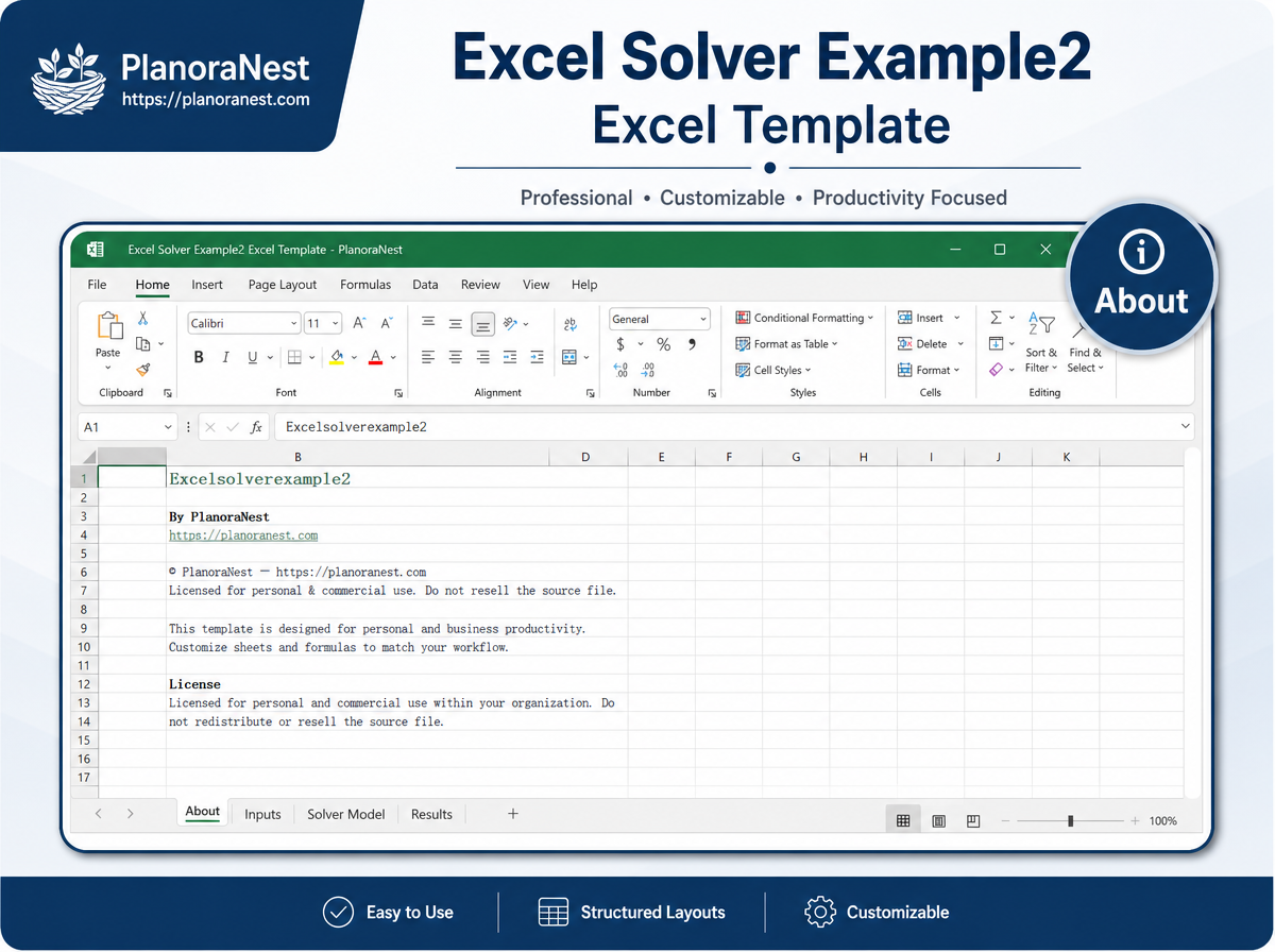 excel solver example2 excel template — About sheet