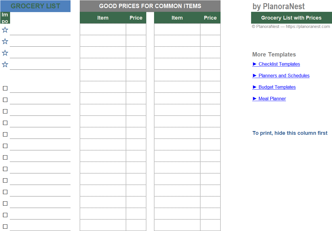 grocery items list with price in excel screenshot — PlanoraNest Excel template