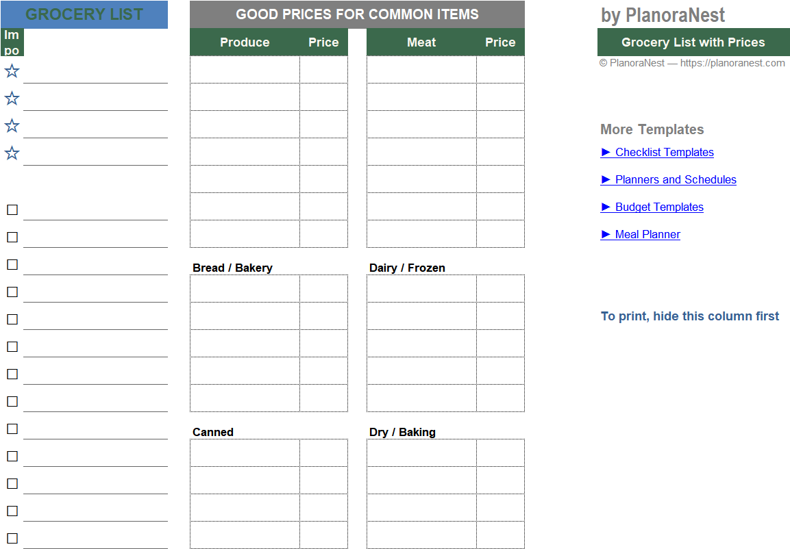 indian grocery list excel with price screenshot — PlanoraNest Excel template