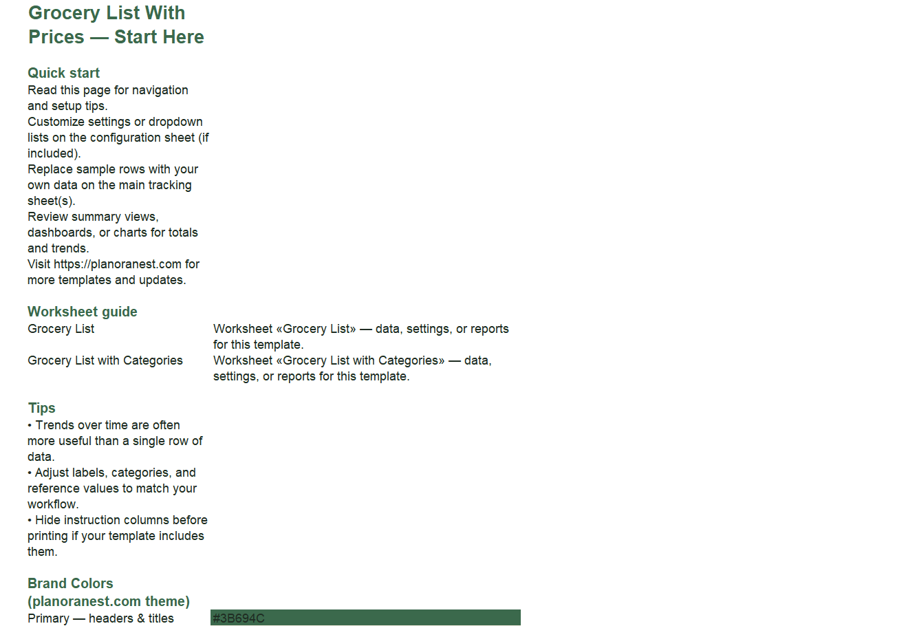 grocery list with prices excel start here screenshot — PlanoraNest Excel template