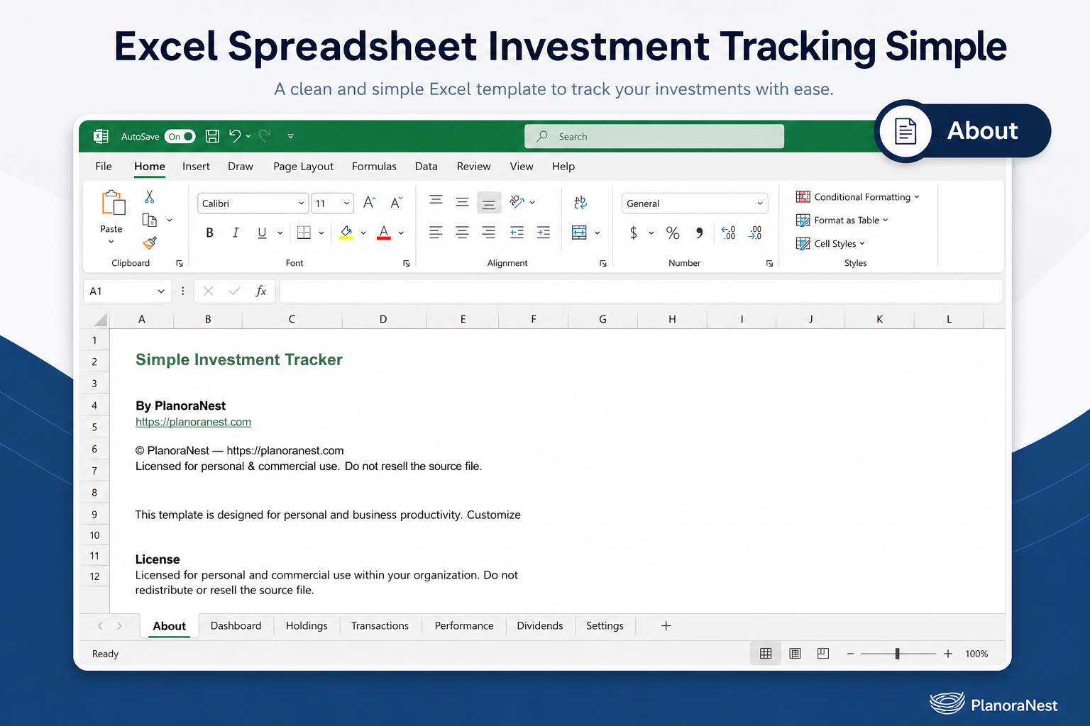 simple investment tracker excel screenshot — PlanoraNest Excel template