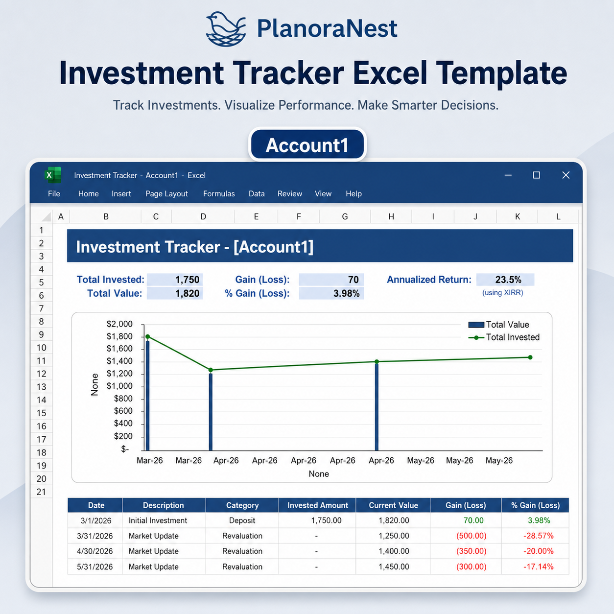 simple investment tracking spreadsheet for students screenshot — PlanoraNest Excel template