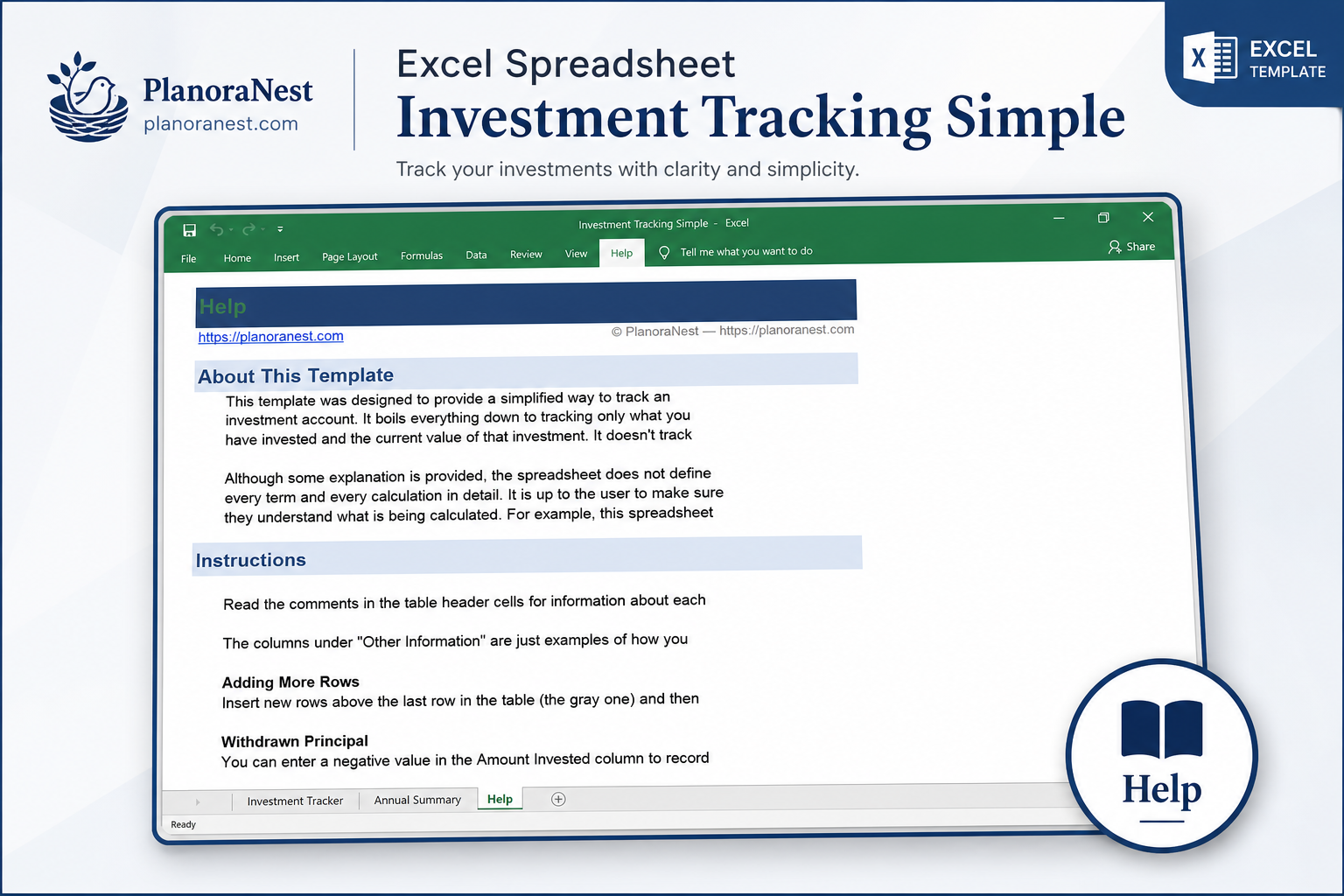 simple investment tracking spreadsheet screenshot — PlanoraNest Excel template