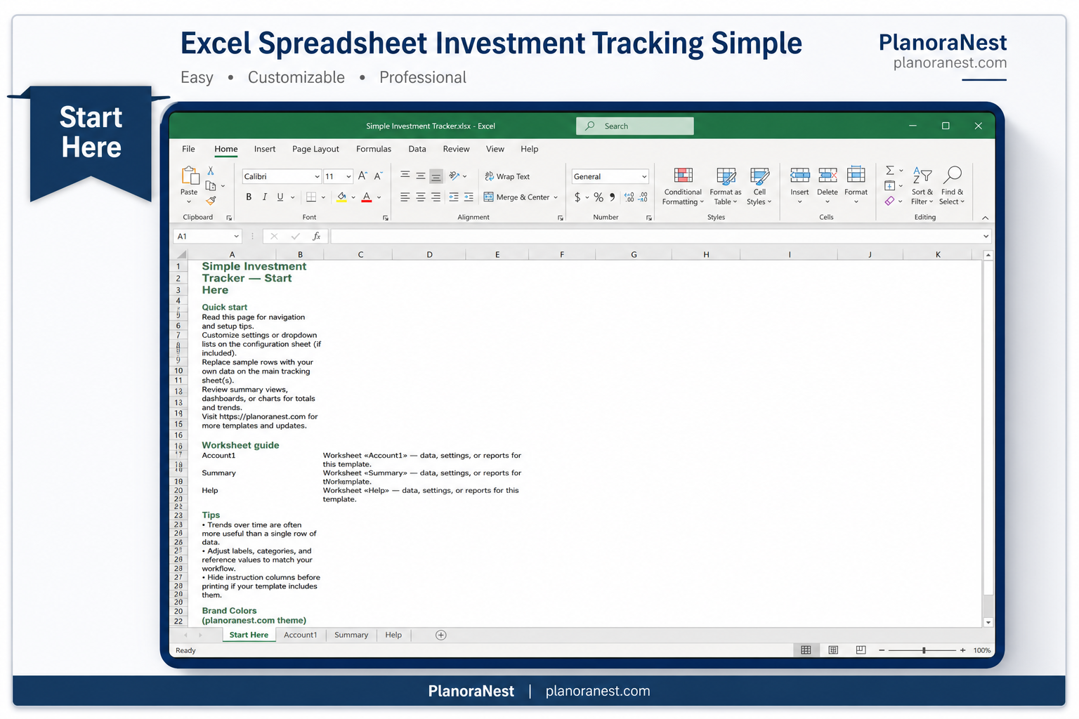 simple investment tracker excel start here screenshot — PlanoraNest Excel template
