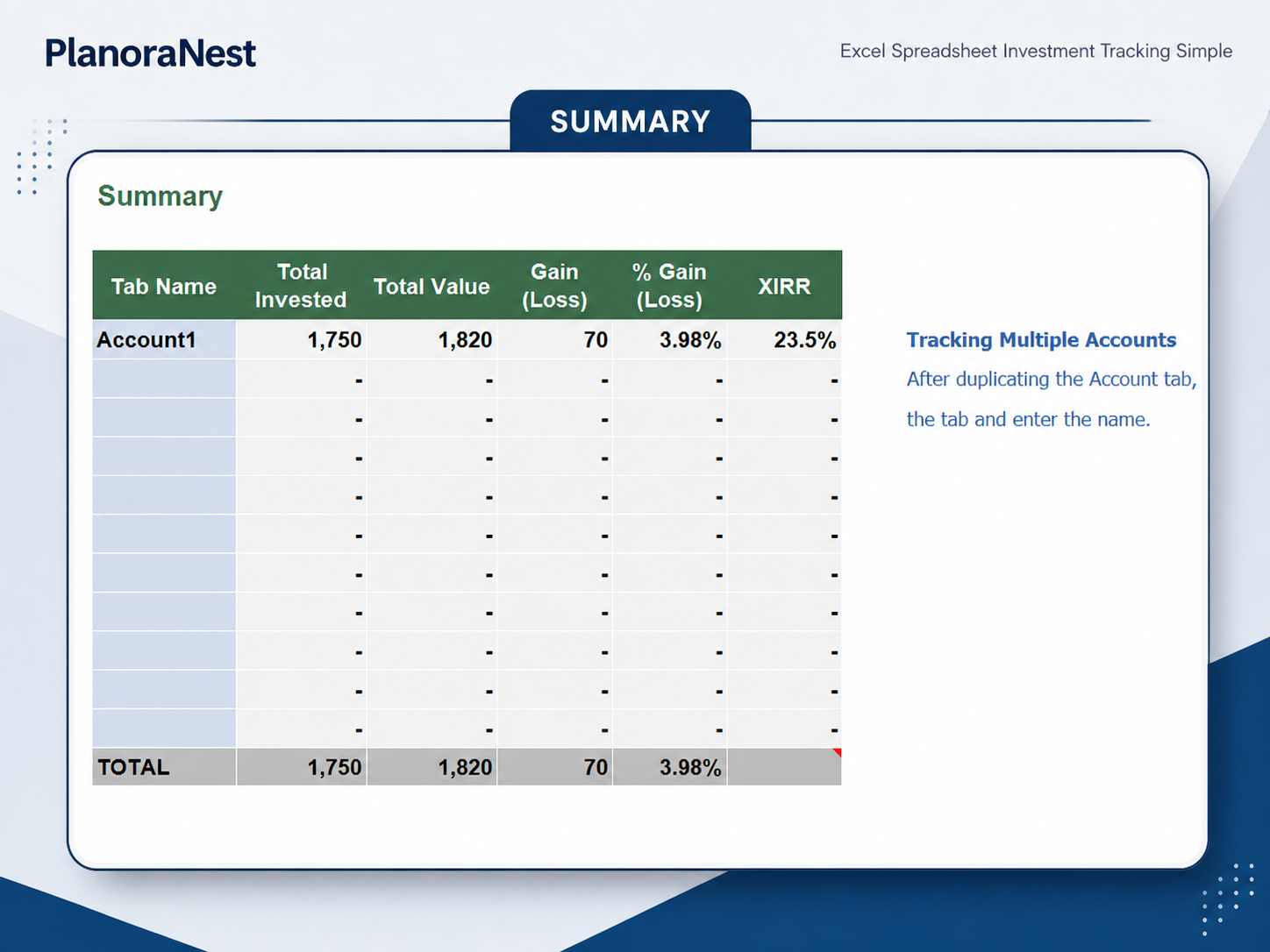 simple investment tracking spreadsheet for students screenshot — PlanoraNest Excel template