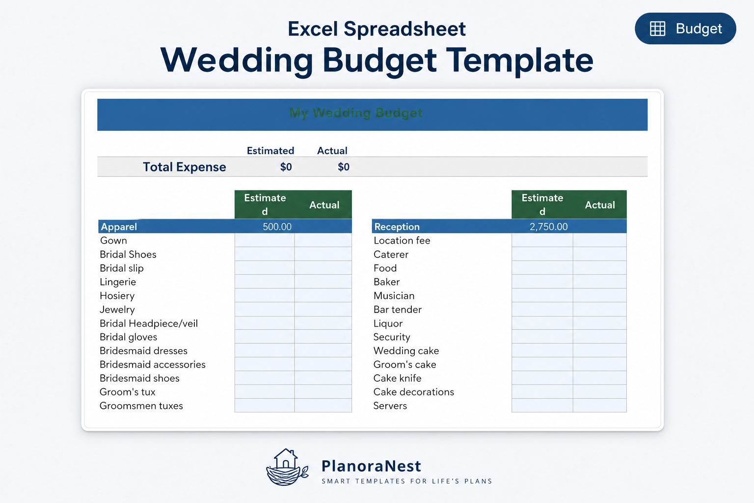 downloadable excel wedding budget spreadsheet template screenshot — PlanoraNest Excel template
