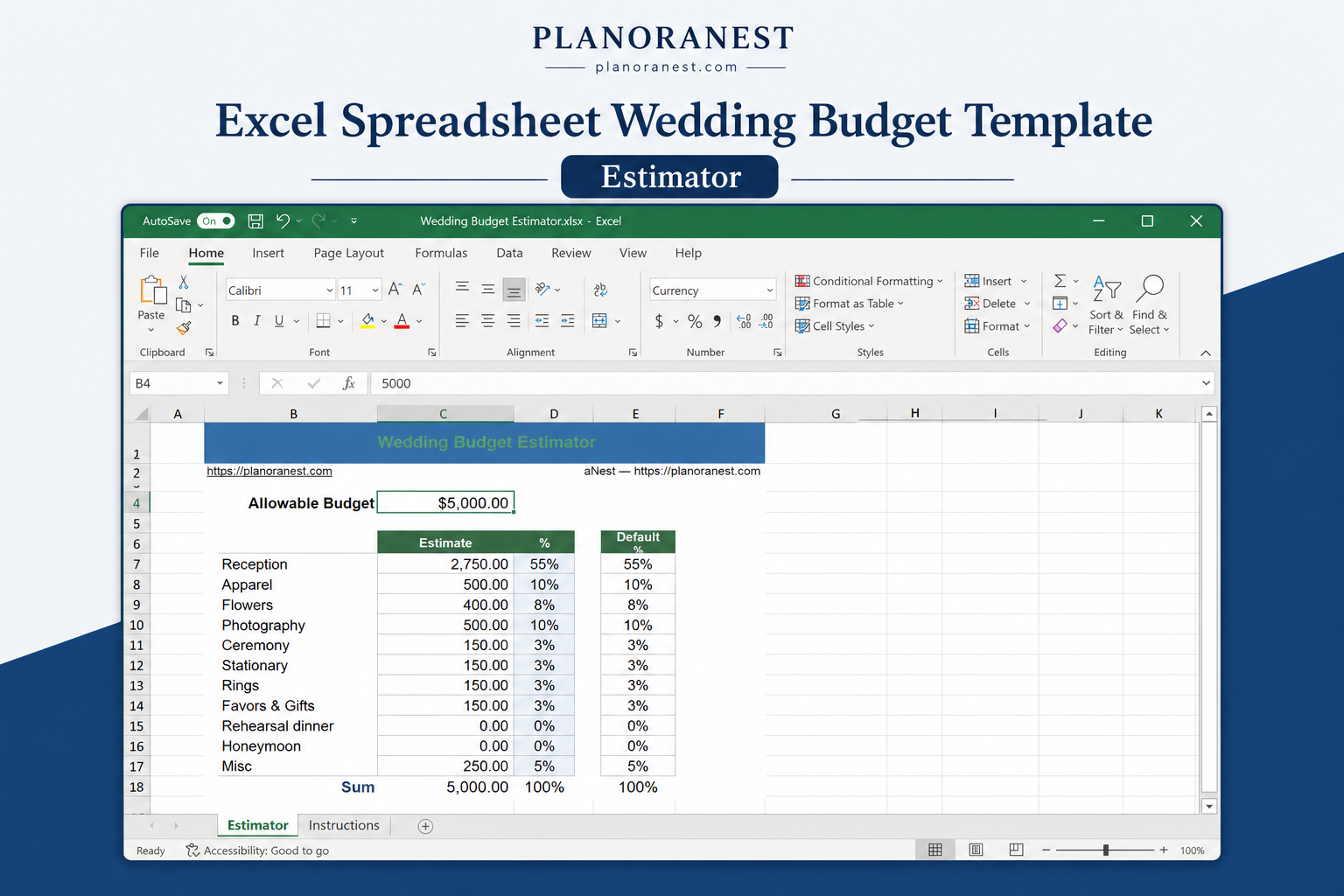 excel spreadsheet wedding budget template — Estimator sheet