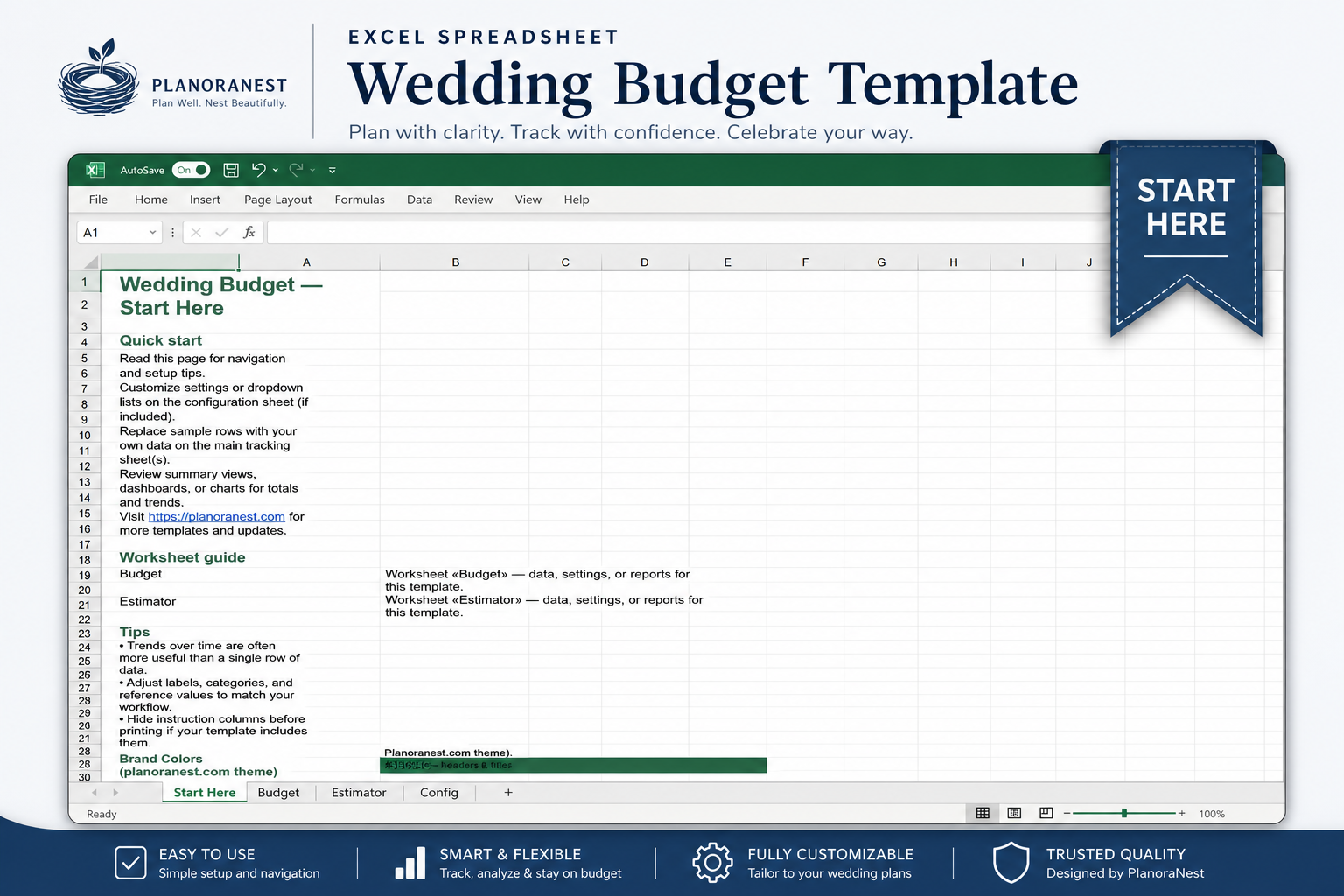 excel spreadsheet wedding budget template — Start Here sheet