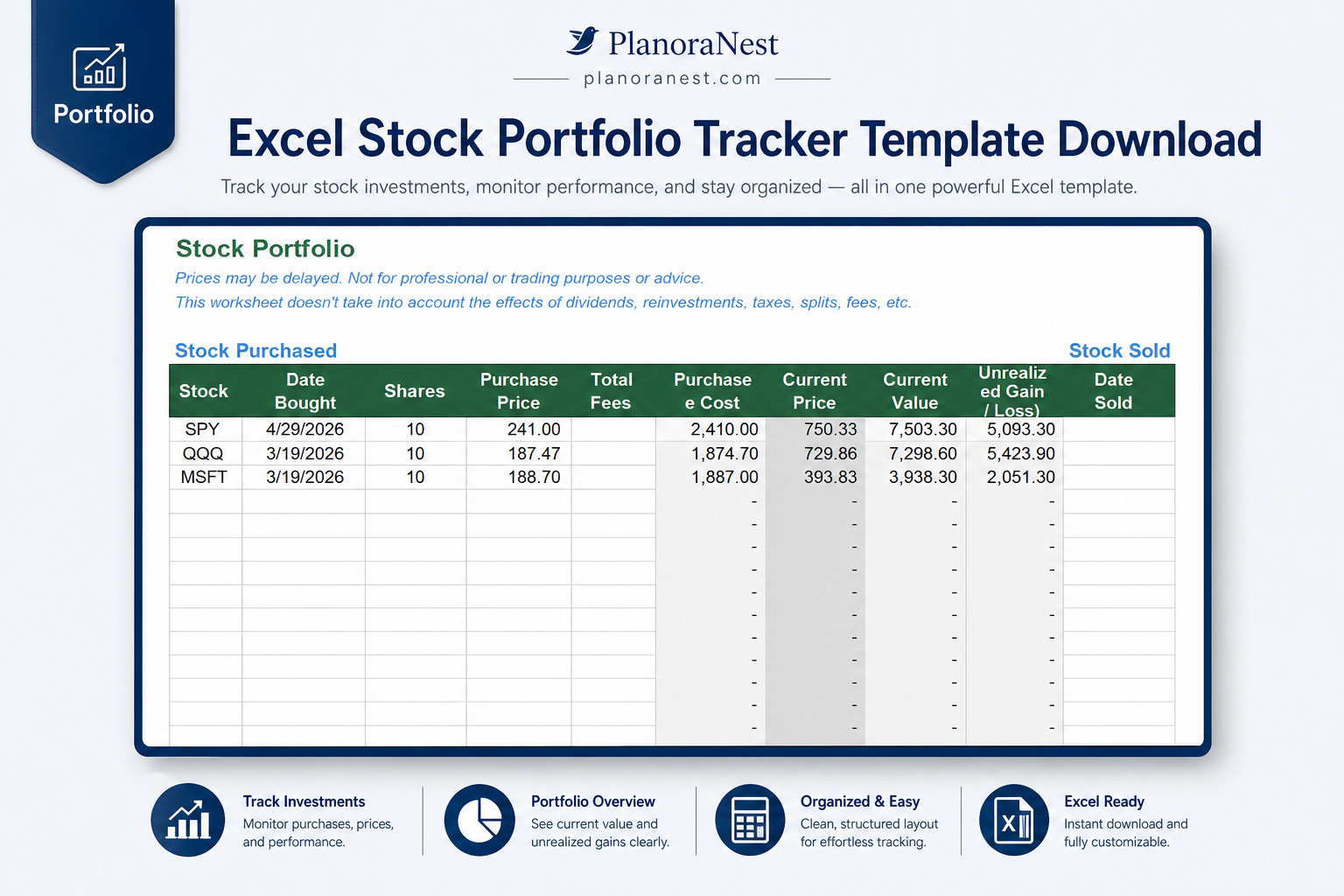 excel stock portfolio tracker template screenshot — PlanoraNest Excel template