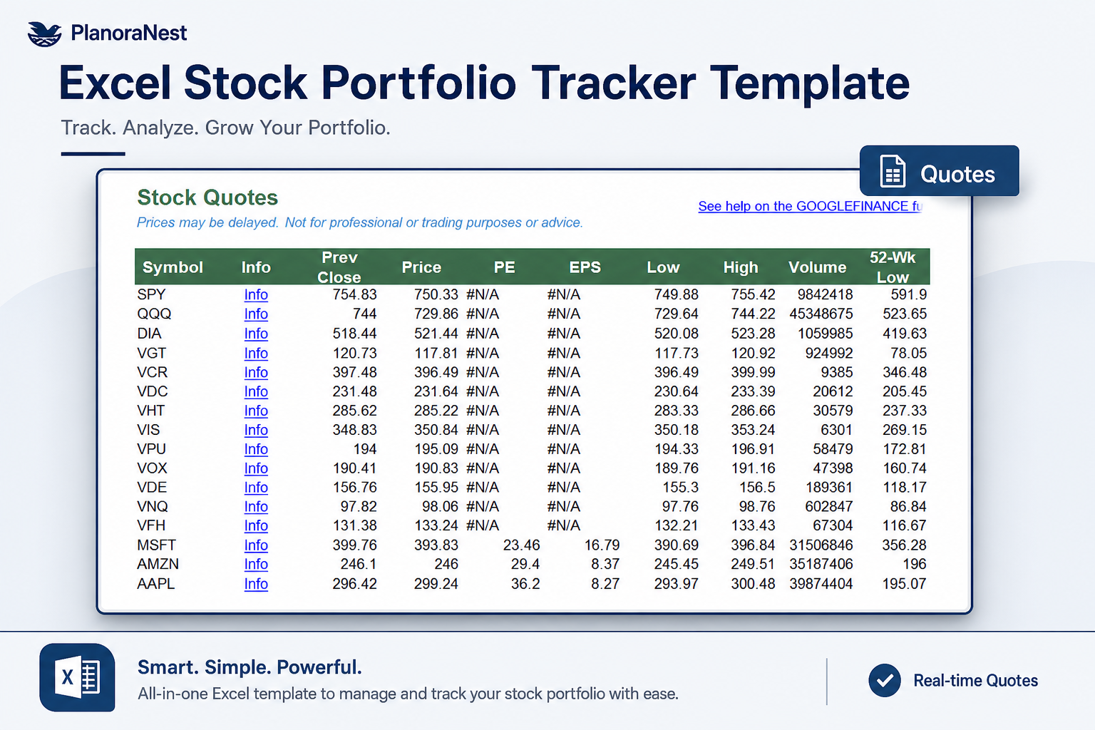 stock portfolio tracker excel template screenshot — PlanoraNest Excel template