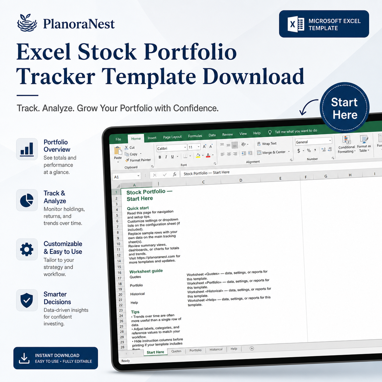 excel template for stock portfolio management start here screenshot — PlanoraNest Excel template