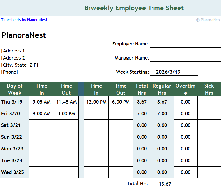 excel timesheet formula with lunch break template — Weekly sheet