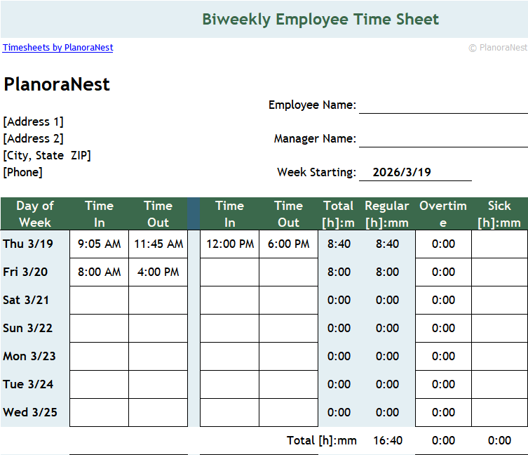 excel timesheet formula with lunch break template — Weekly_hmm sheet