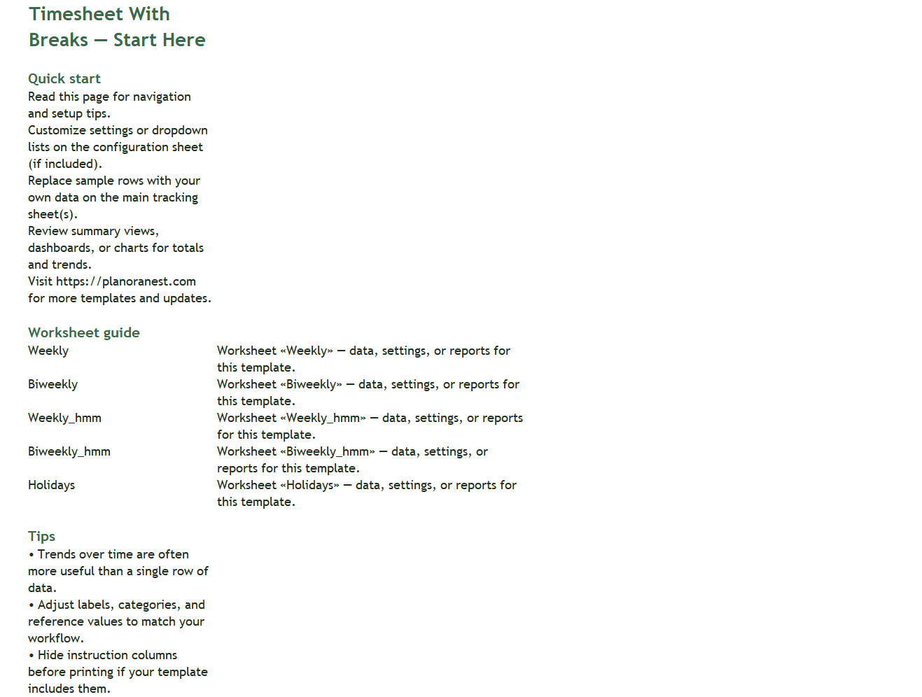 excel timesheet formula with lunch break template — Start Here sheet