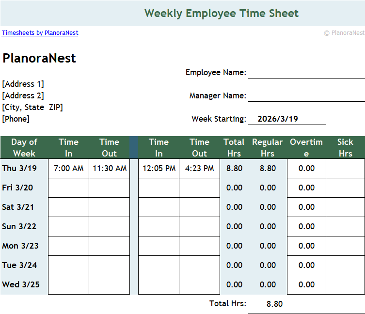 timesheet excel with lunch break template screenshot — PlanoraNest Excel template