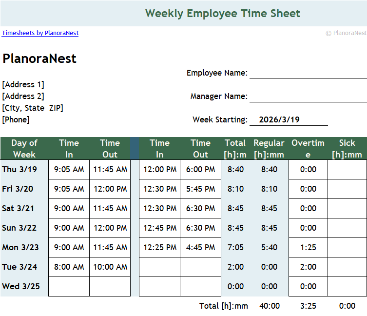 weekly timesheet with breaks template excel screenshot — PlanoraNest Excel template