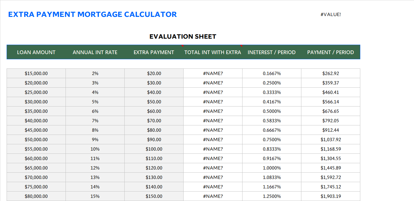 extra payment mortgage calculator excel screenshot — PlanoraNest Excel template