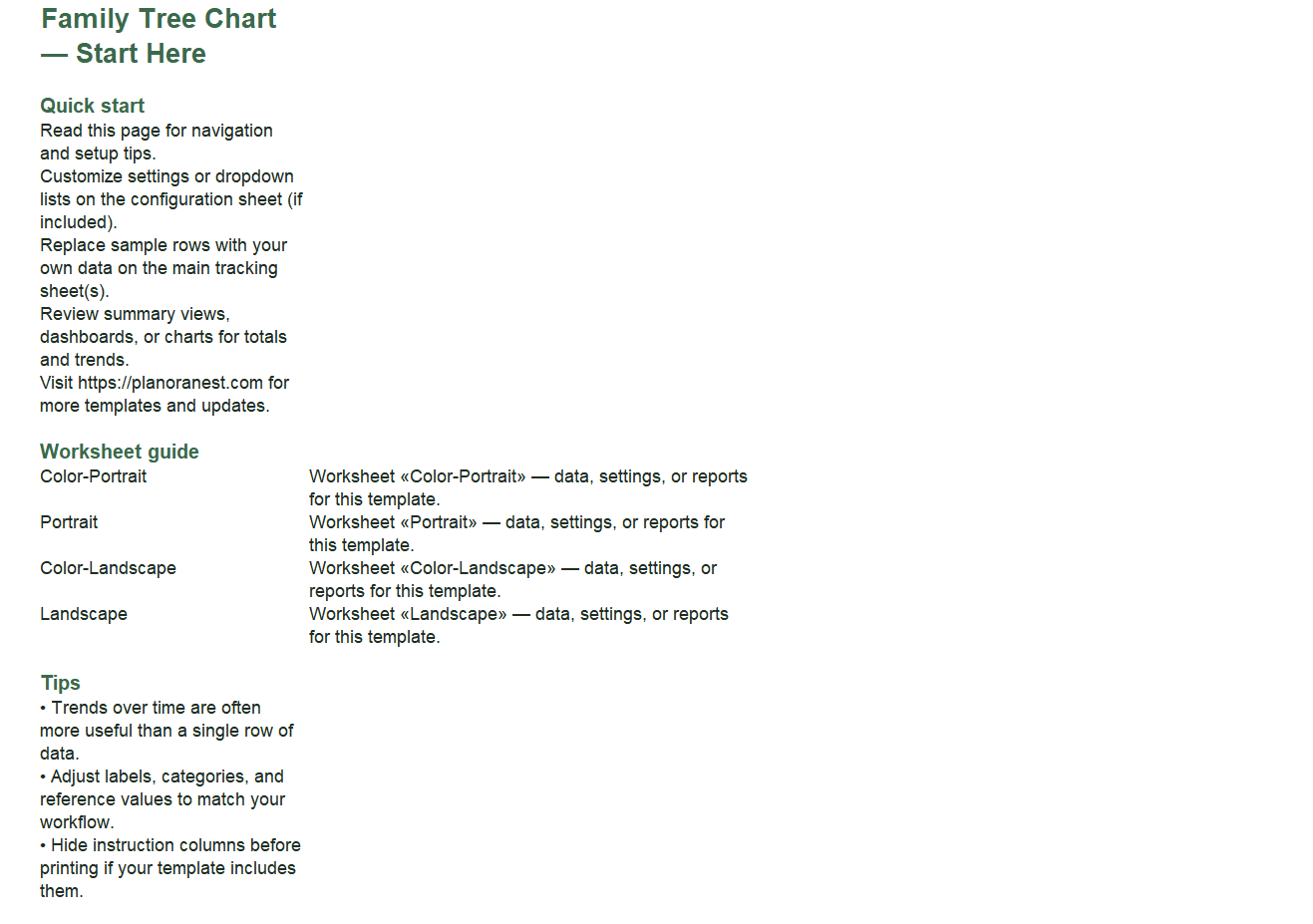 family tree chart spreadsheet start here screenshot -- PlanoraNest Excel template