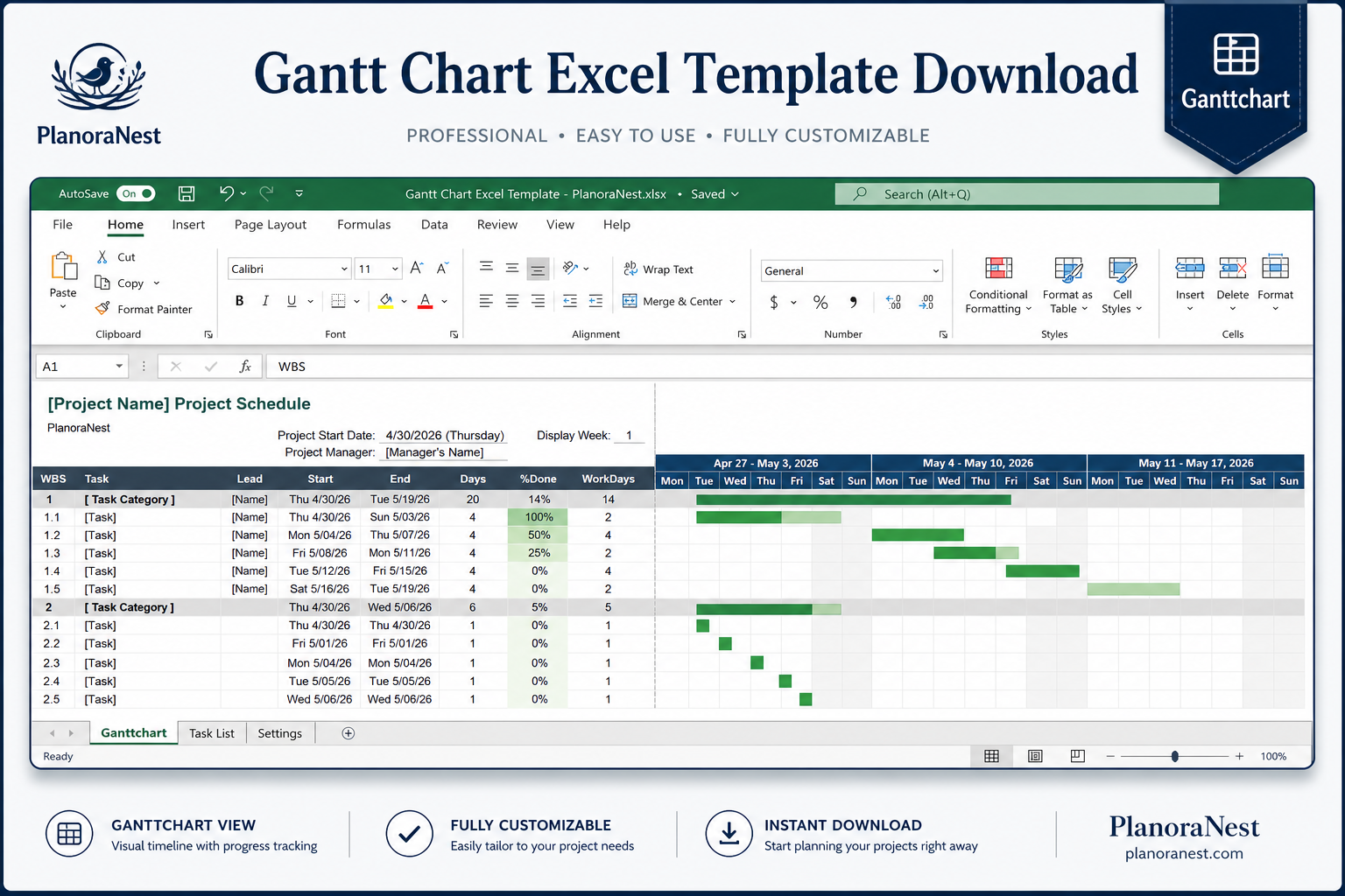 gantt chart excel screenshot — PlanoraNest Excel template