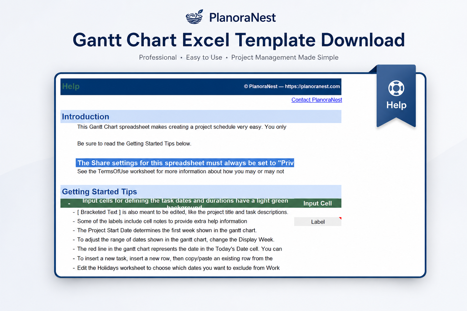 gantt chart excel screenshot — PlanoraNest Excel template