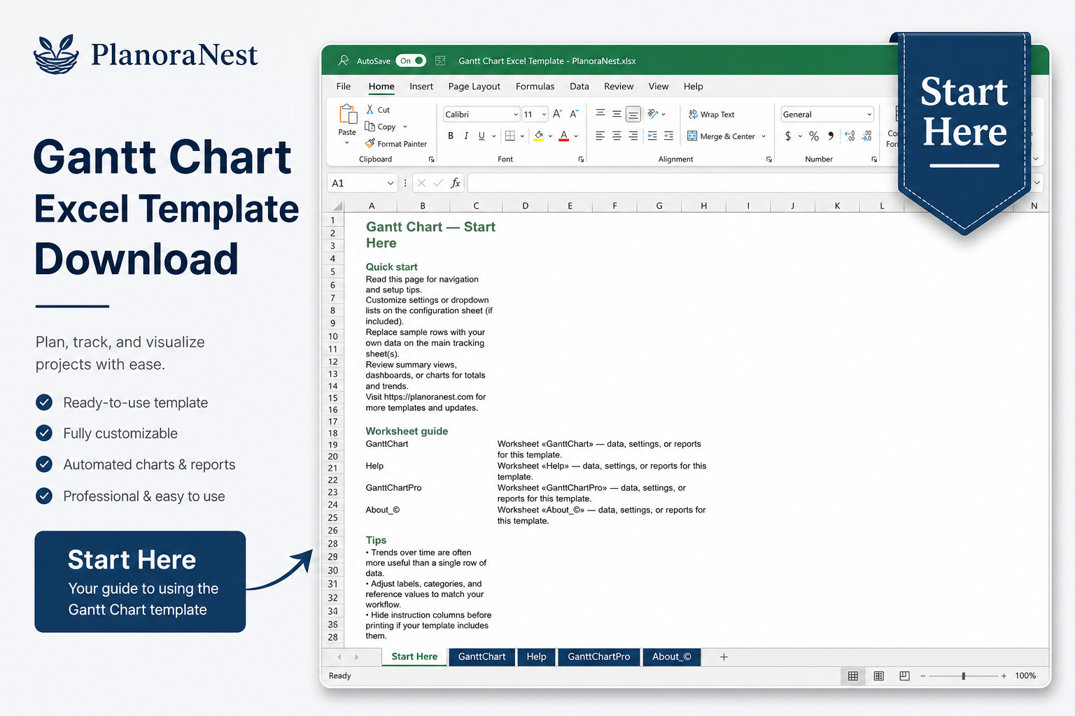 gantt chart excel start here screenshot — PlanoraNest Excel template